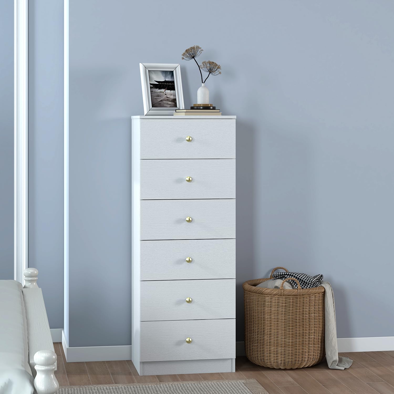6 Drawer Vertical Dresser with Gold Handles