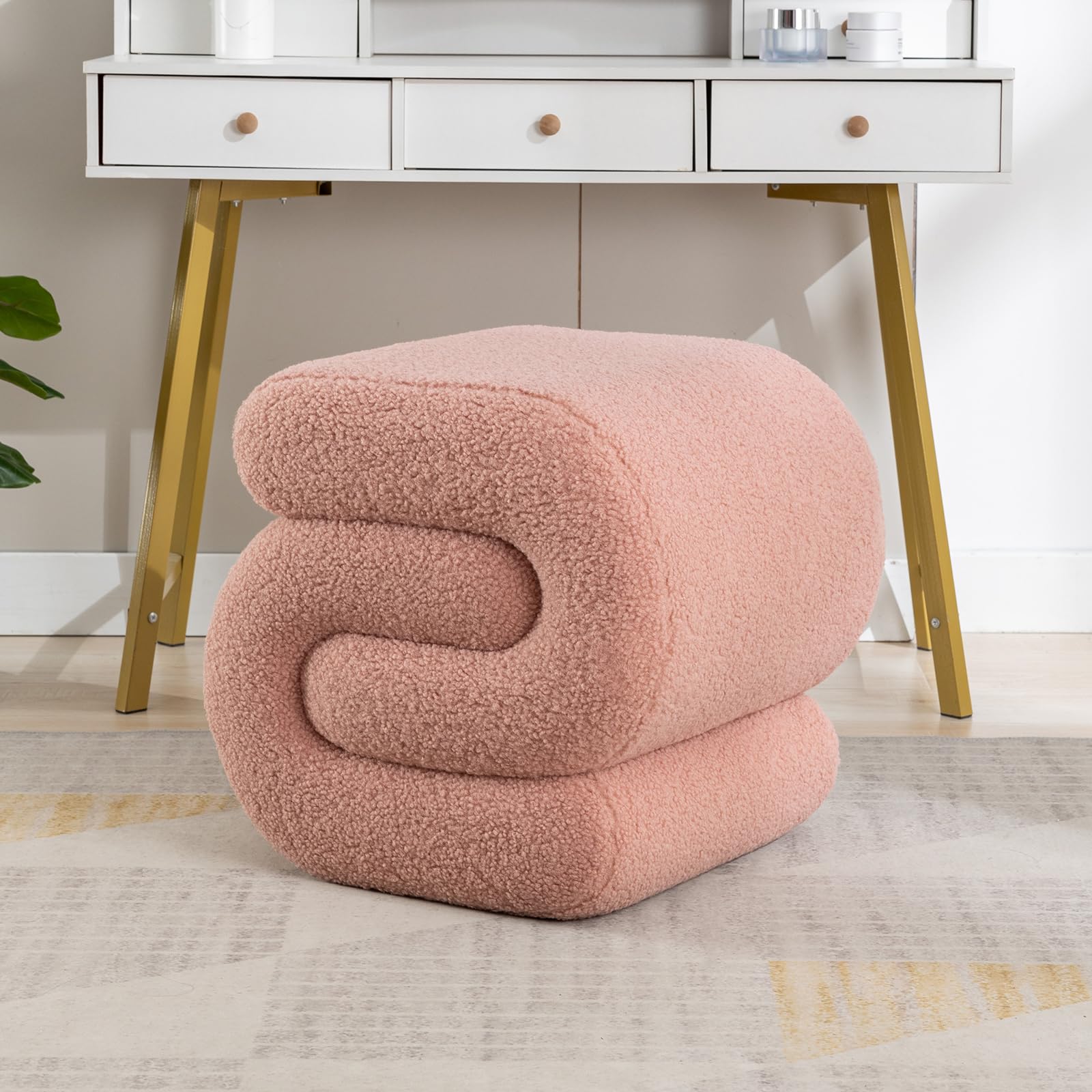 Pink Sherpa Ottoman Stool S-Shaped Vanity Seat