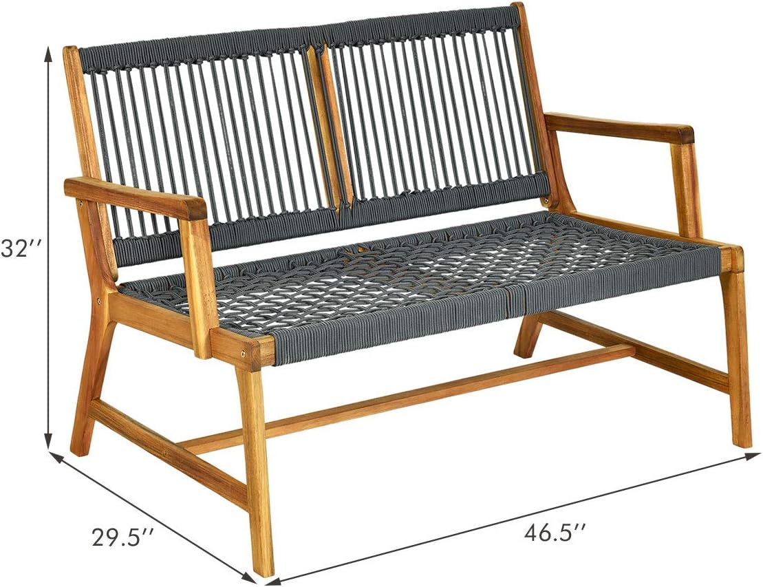 2 Person Acacia Wood Patio Bench Loveseat with Rope Design