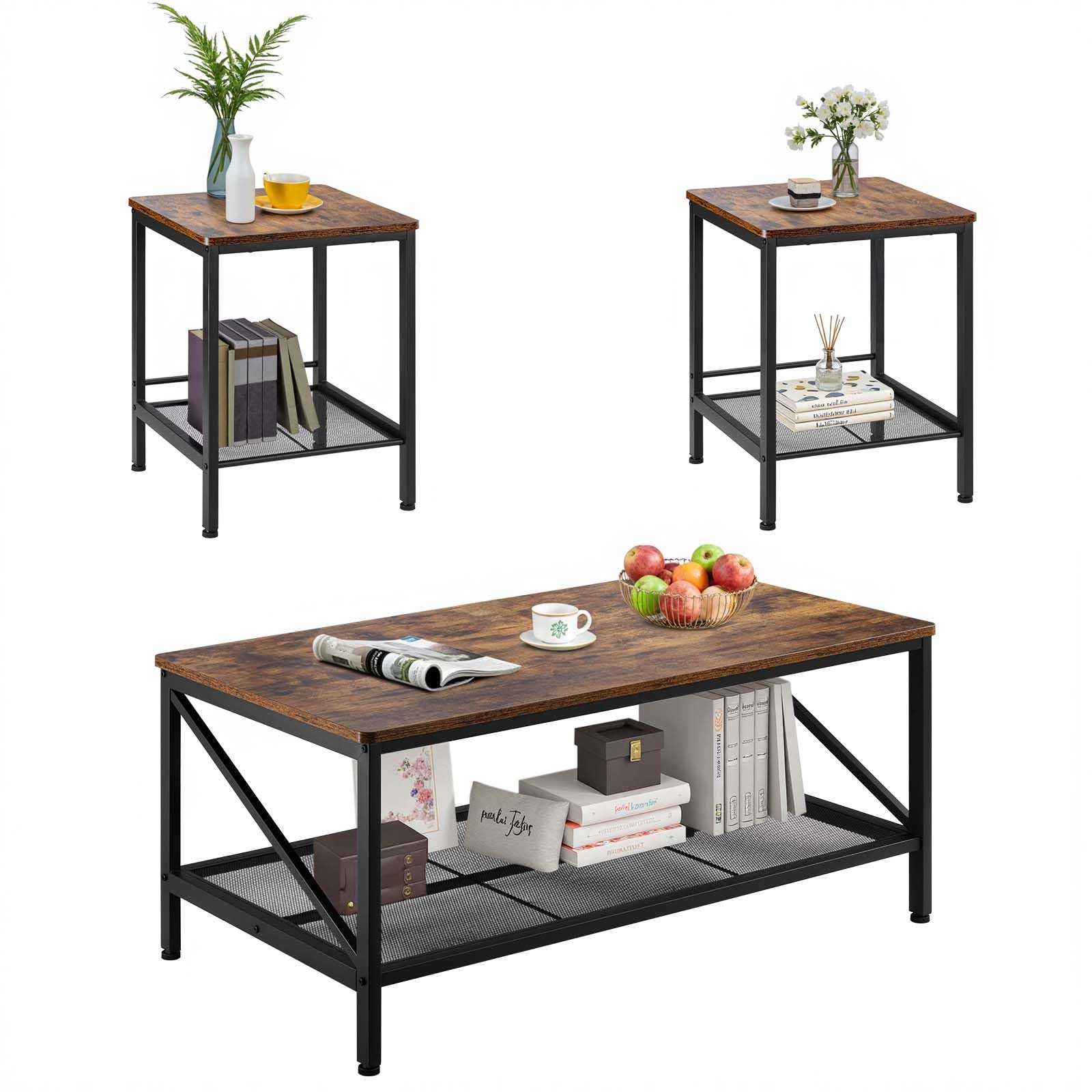 3-Piece Industrial Coffee Table Set with End Tables