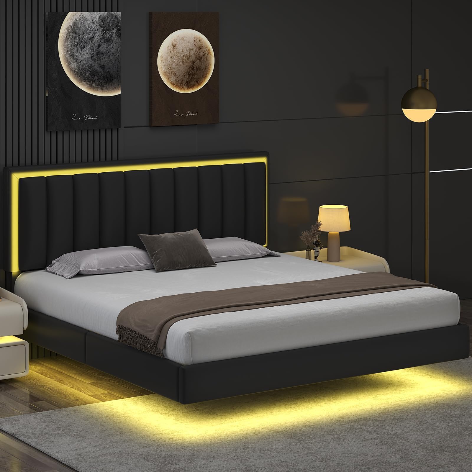 King Floating Bed Frame with LED Lights