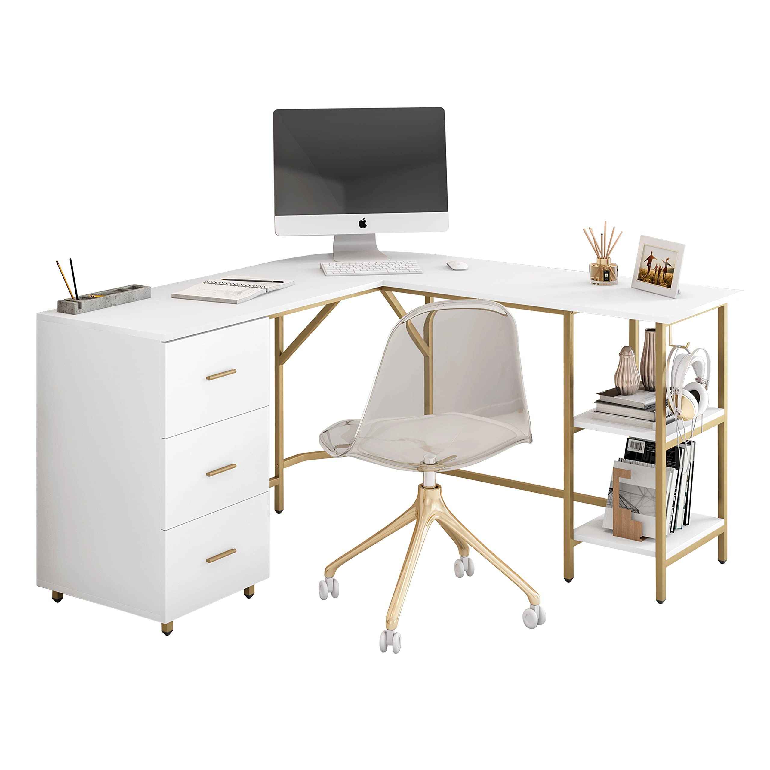 L-Shaped Computer Desk with Drawers and Storage Shelves