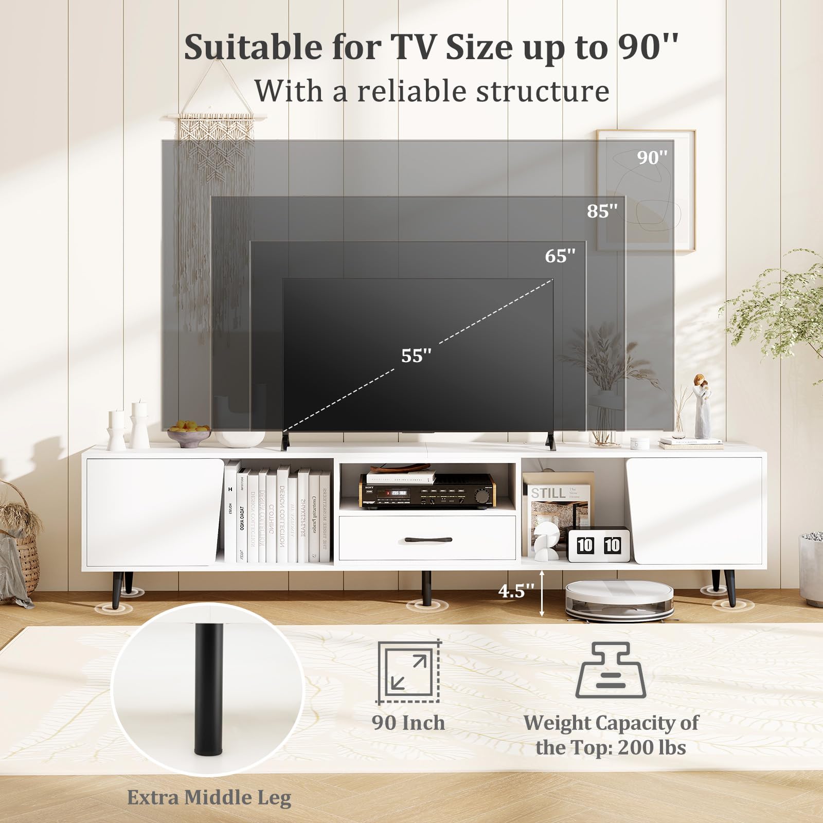 79" White TV Stand with Power Outlets and Storage