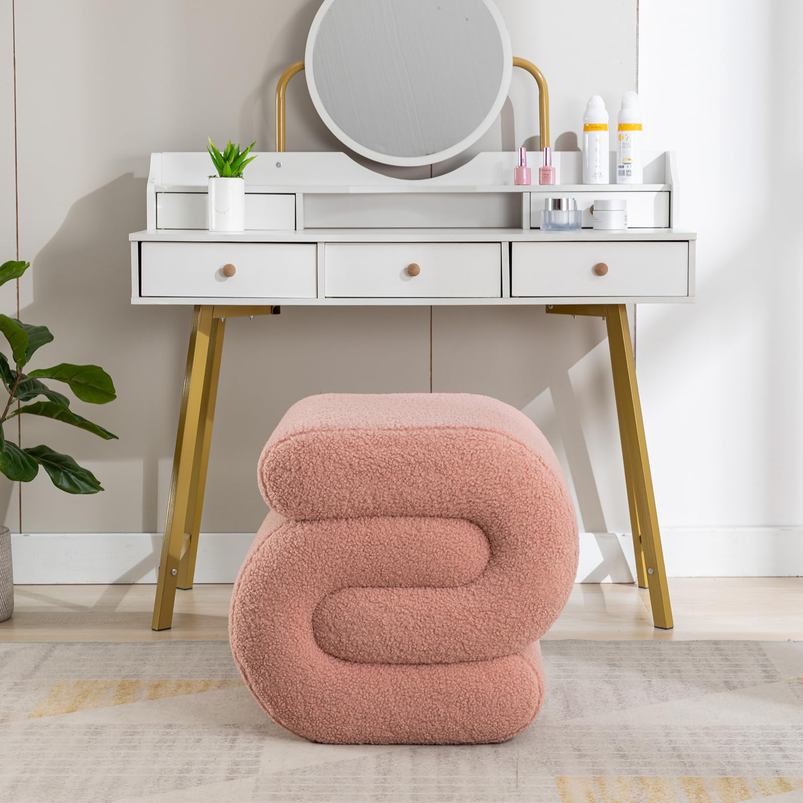 Pink Sherpa Ottoman Stool S-Shaped Vanity Seat