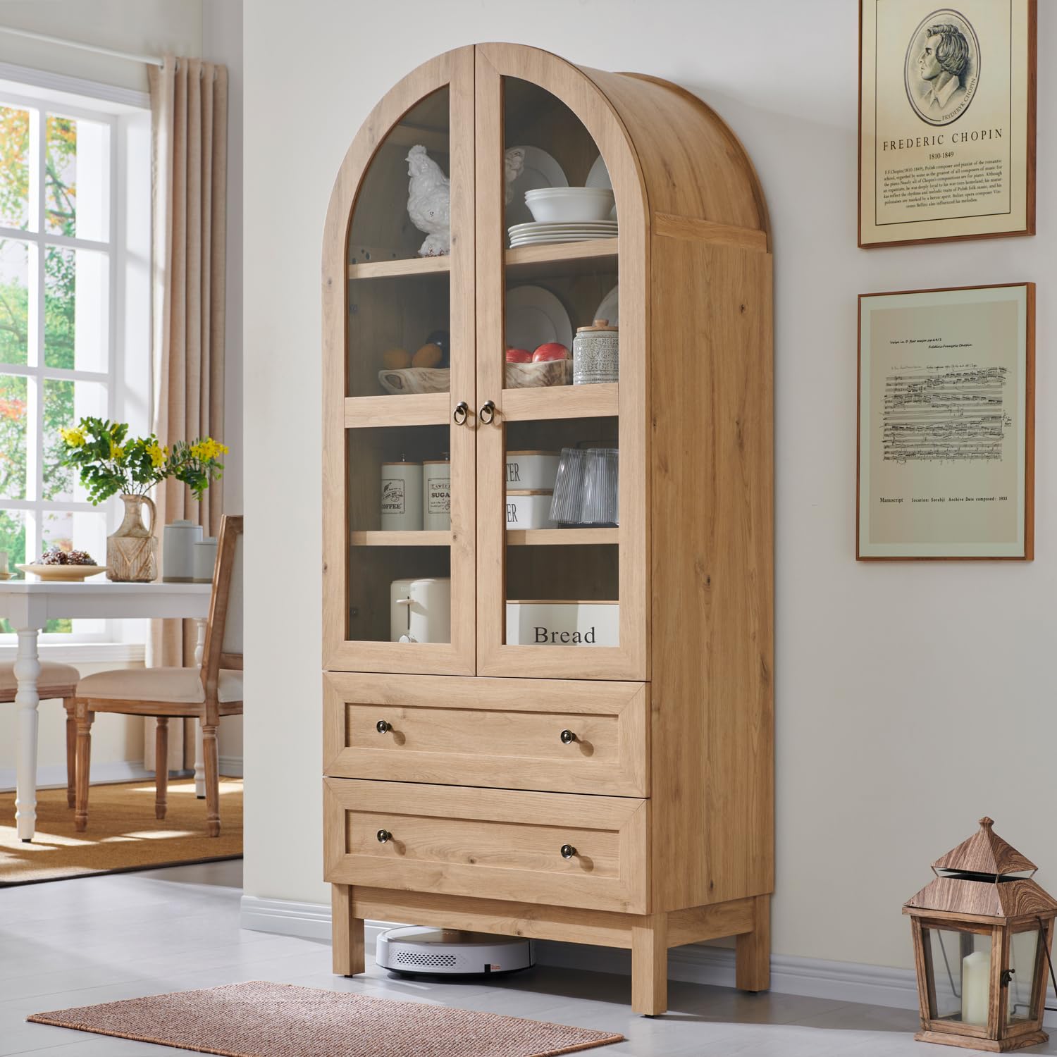 Tall Arched Kitchen Pantry Cabinet with Drawers