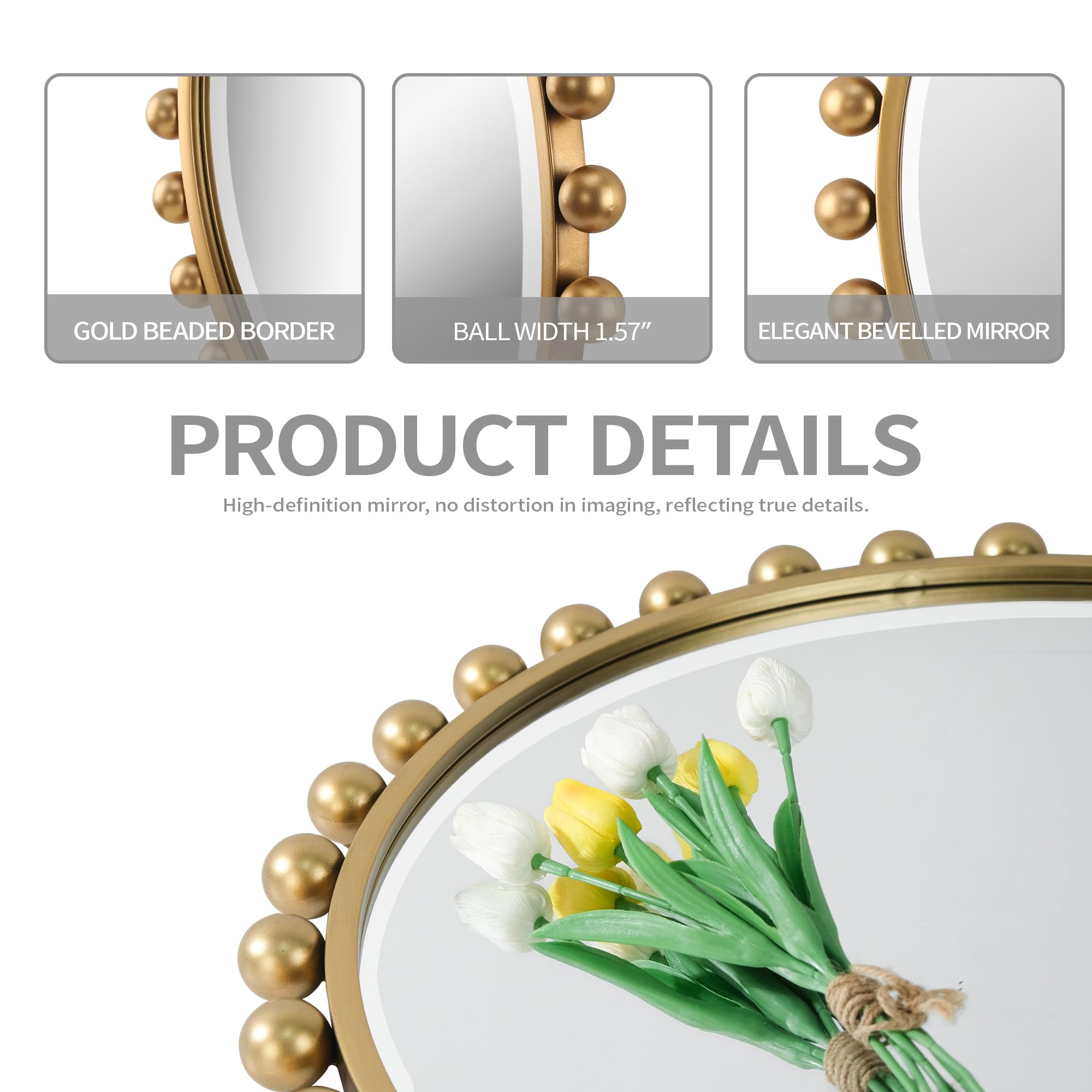 30 Inch Round Wall Mirror with Antique Gold Ball Frame