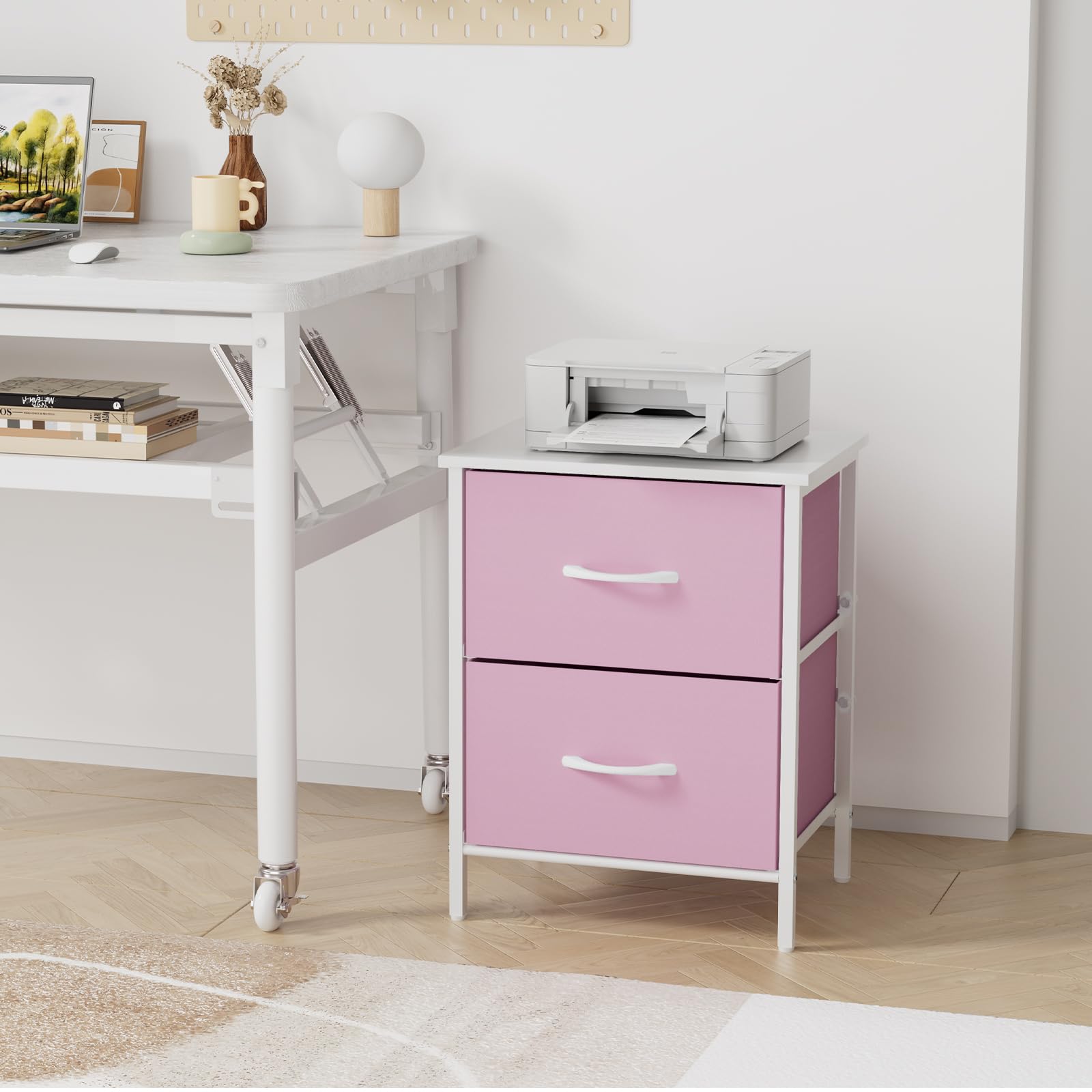 2-Drawer Pink Nightstand with Steel Frame