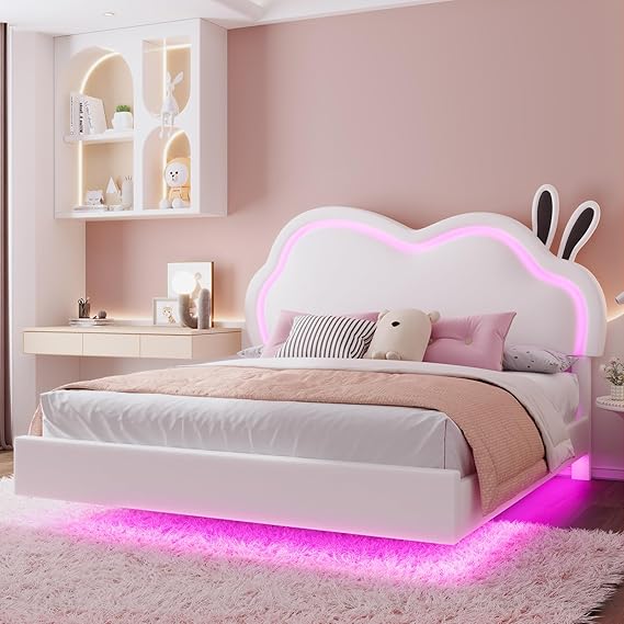 Queen Pink Upholstered Platform Bed with LED Lights