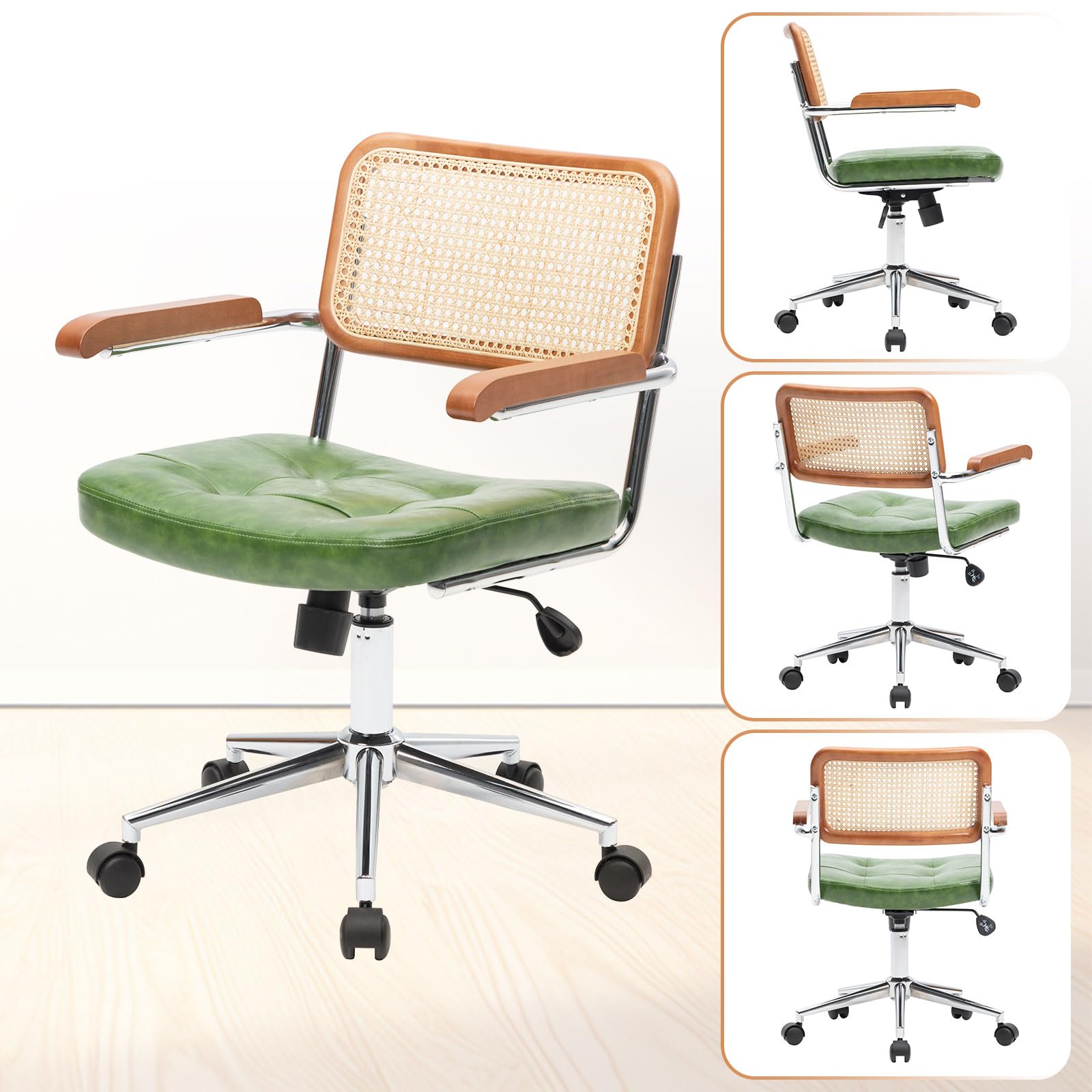 Rattan Office Chair with Wood Armrest
