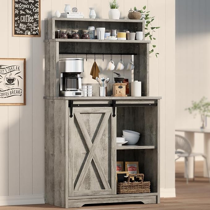Farmhouse Coffee Bar Cabinet with 3-Tier Storage Hutch