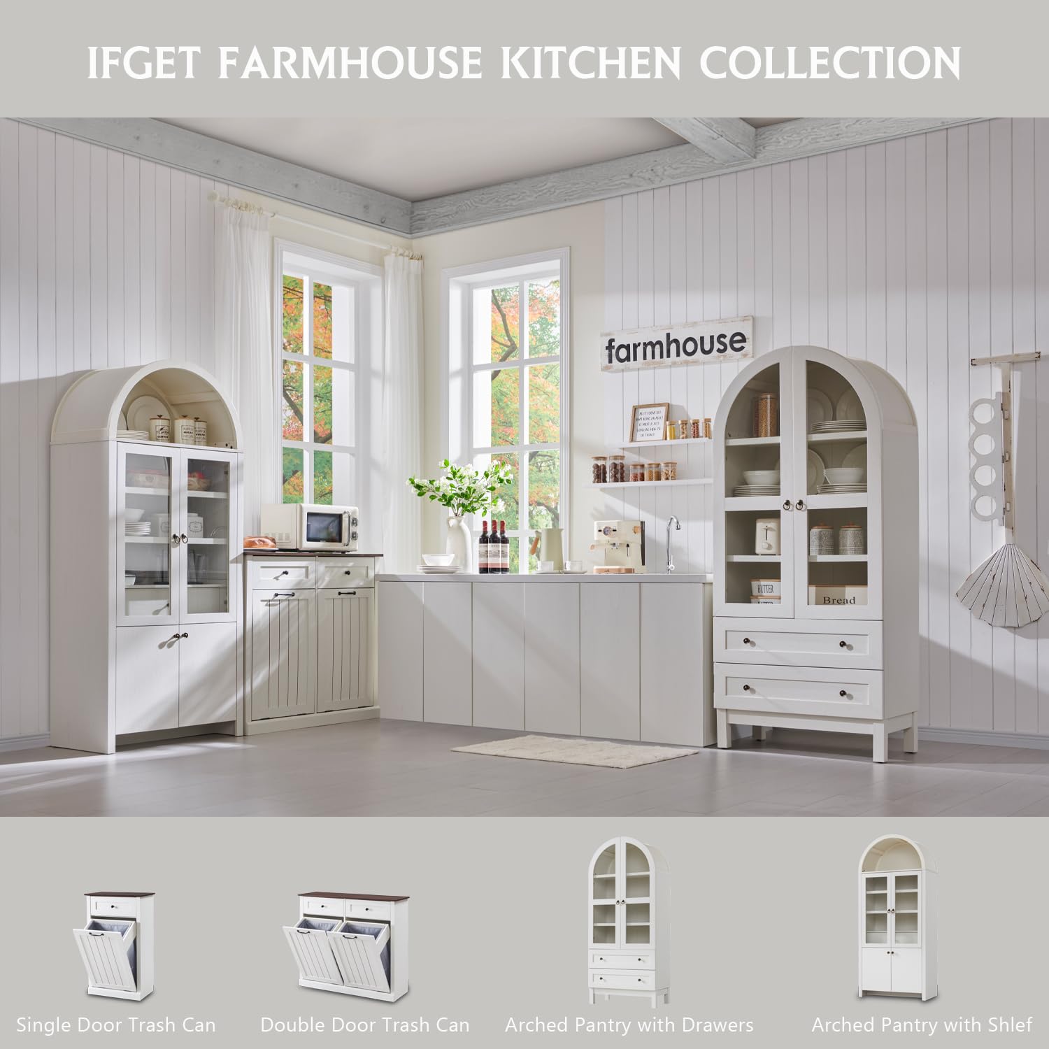 Tall Arched Kitchen Pantry Cabinet with Glass Doors