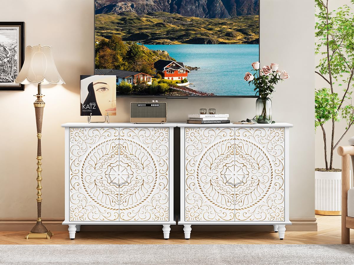 White Accent Cabinet with Carved Flower Pattern