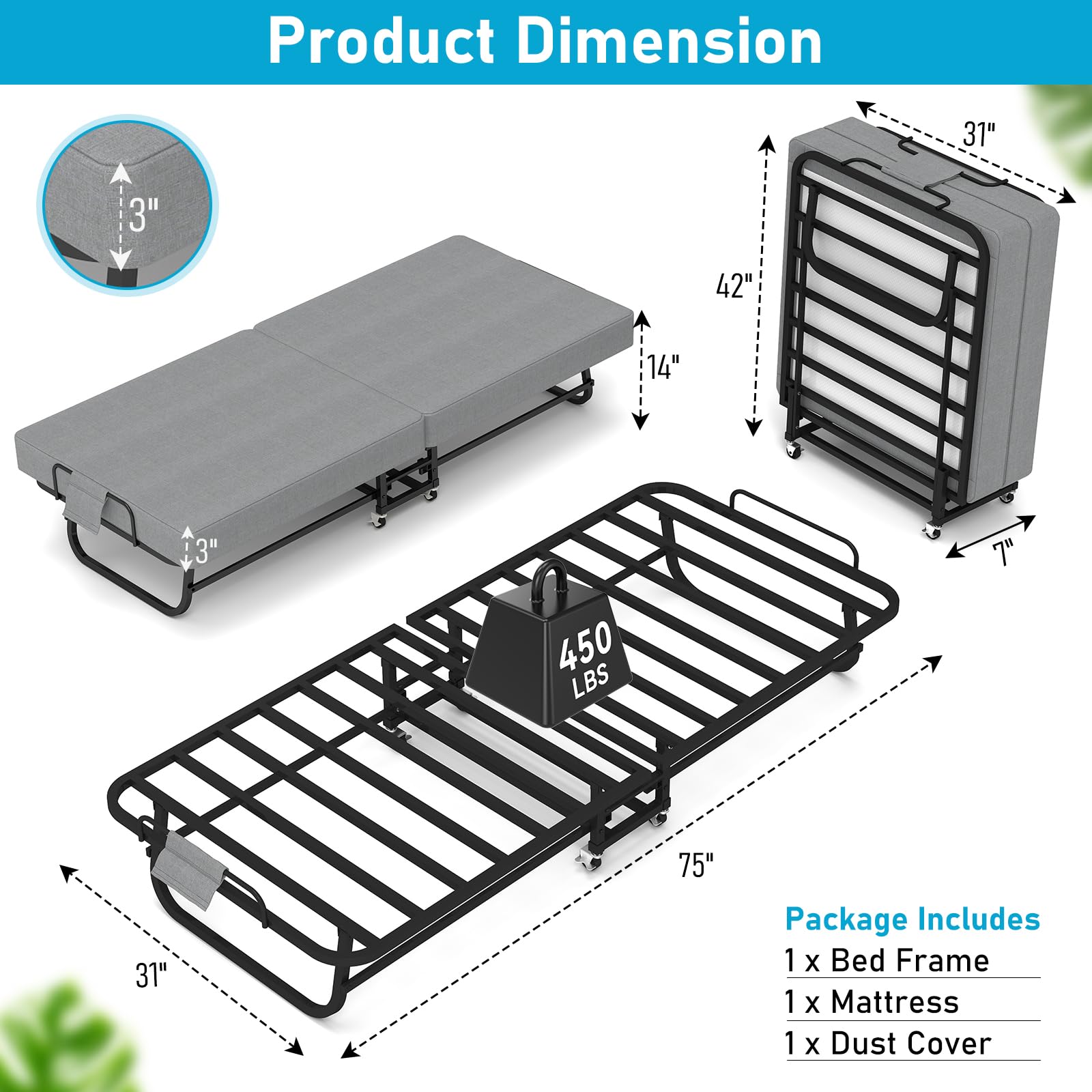 Folding Bed with Memory Foam Mattress and Wheels
