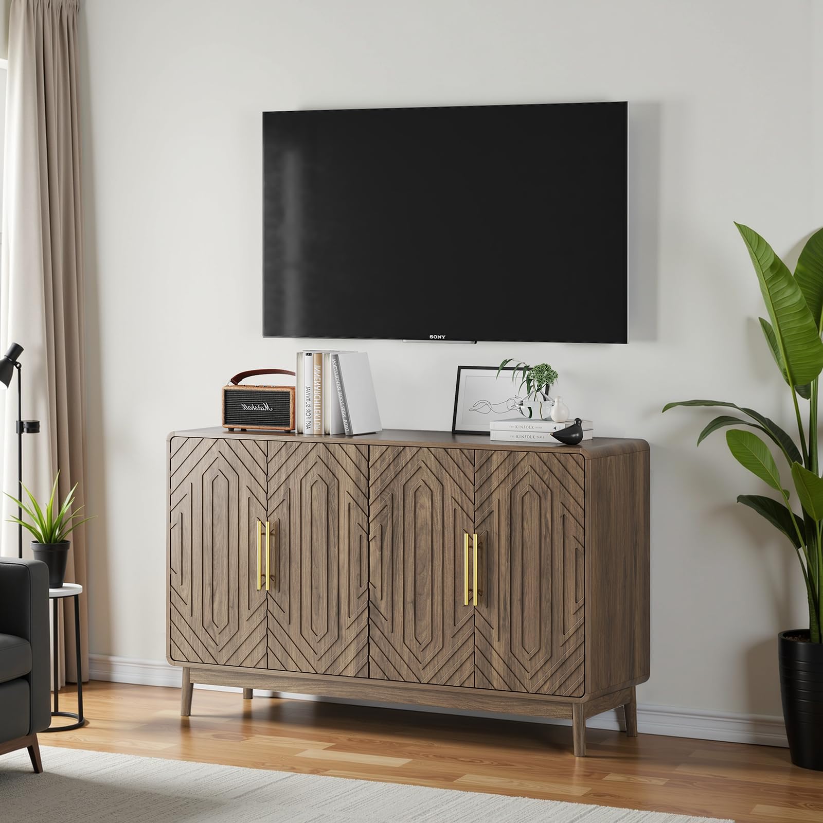 Walnut 4-Door Sideboard Buffet Cabinet with Adjustable Shelves