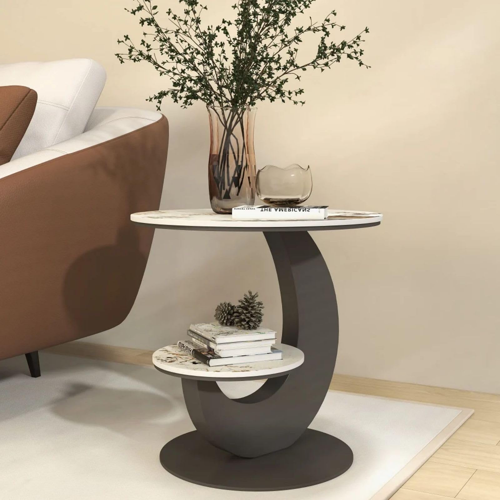 Modern Round End Table Faux Marble 2-Tier with Storage Shelf