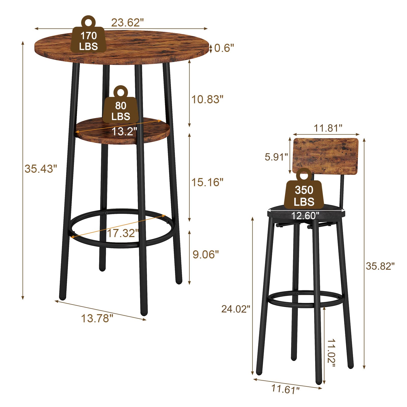 3-Piece Round Bar Table Set with Upholstered Stools