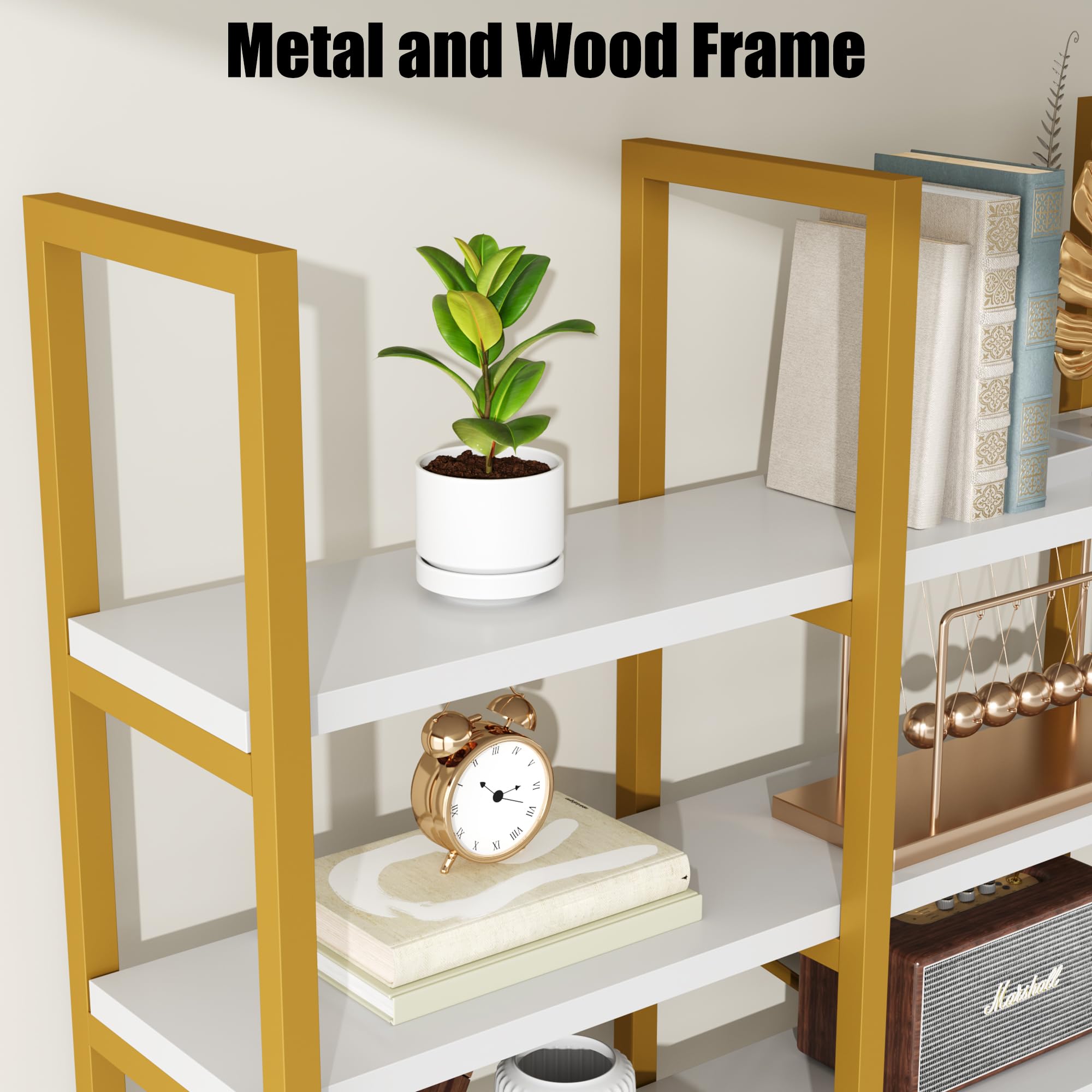 5-Tier Geometric Bookcase 71 Inches Tall Gold and White