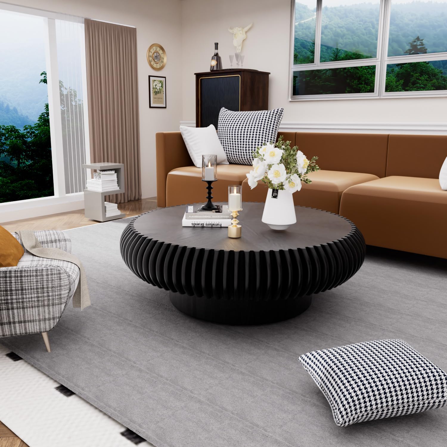 Round Fluted Coffee Table 39.3" Black