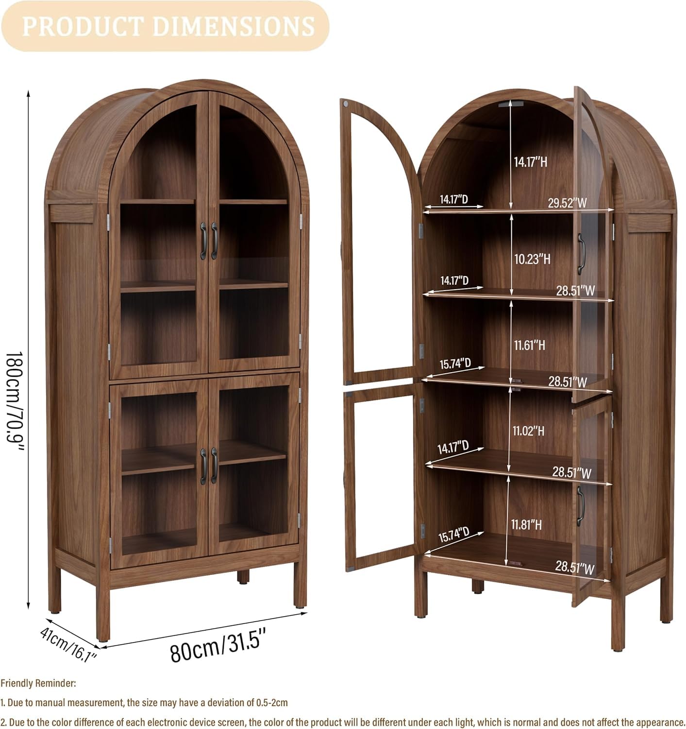 Arched Kitchen Pantry Cabinet with Glass Doors