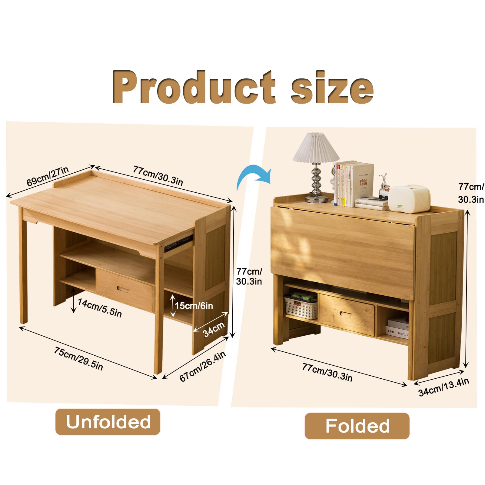 Bamboo Folding Desk with Bookshelf and Drawer