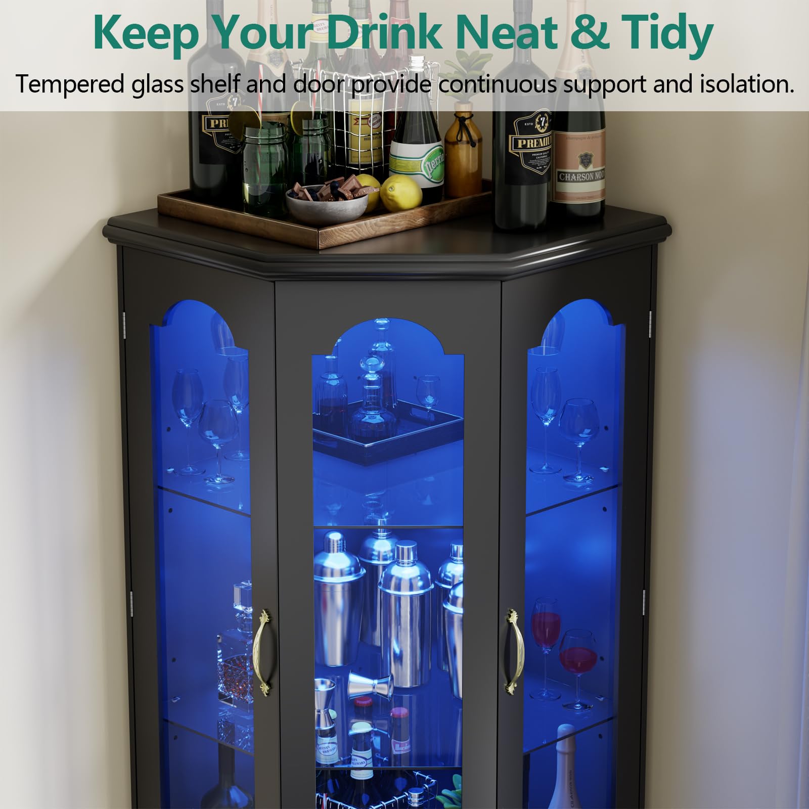 Corner Bar Cabinet with LED Lights and Tempered Glass Door