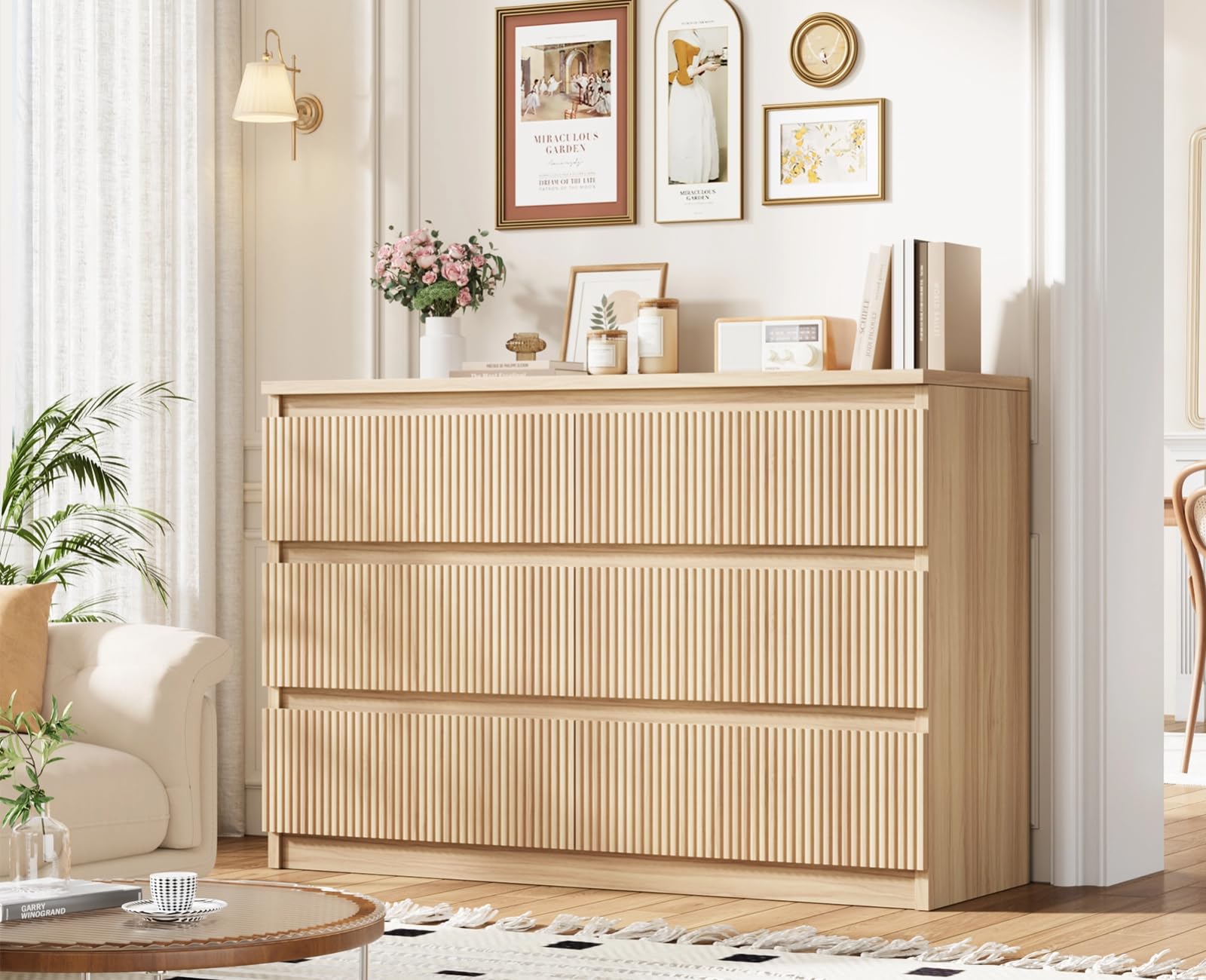 Oak 6 Drawer Dresser with Fluted Design