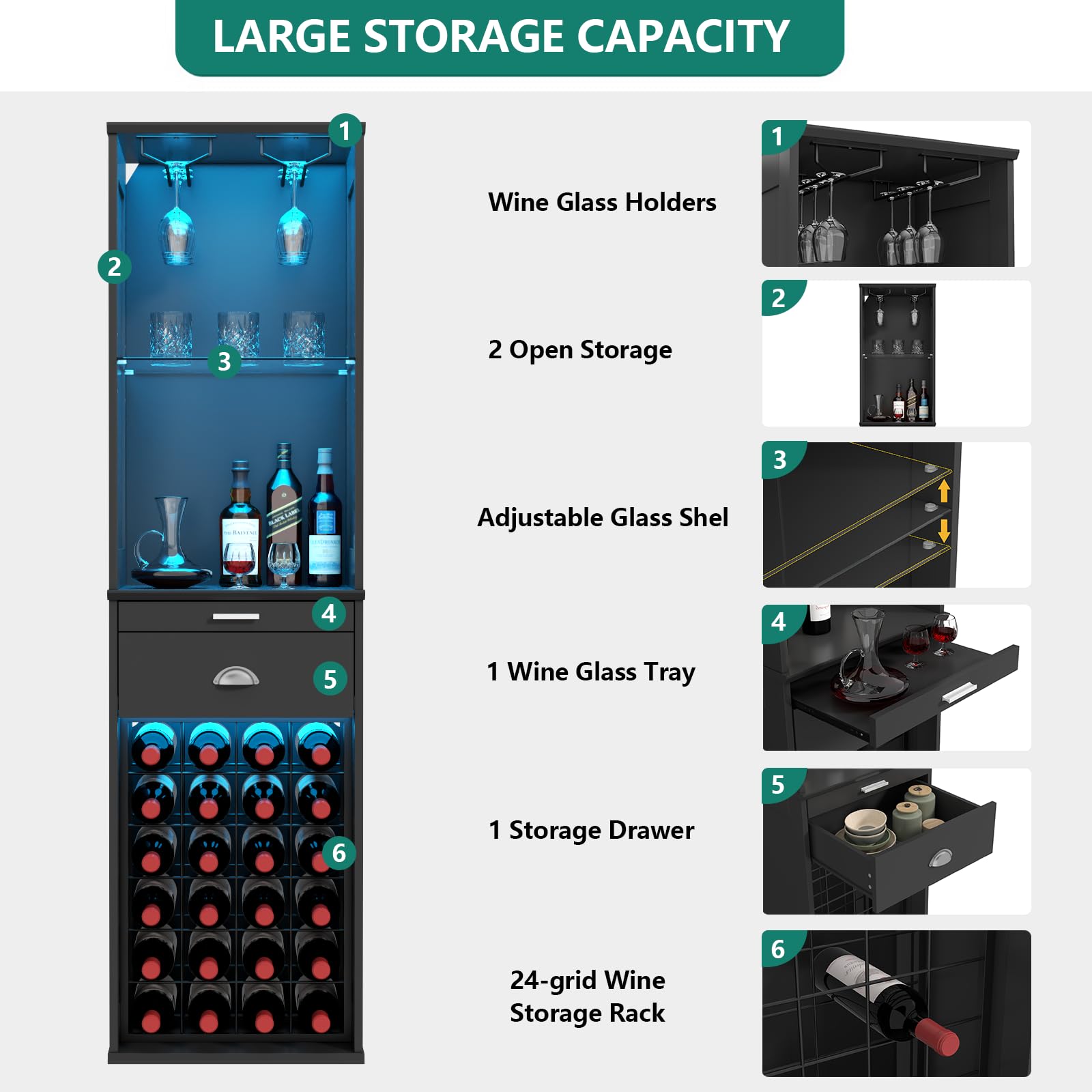 Wine Bar Cabinet with LED Lights 65 Inch Tall