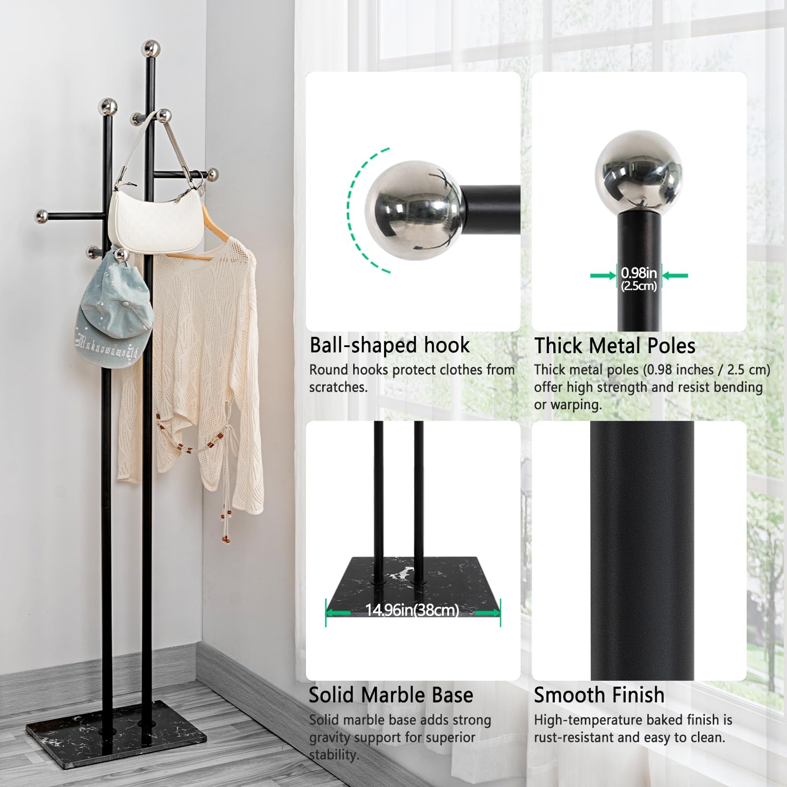 Coat Rack Freestanding with Marble Base - Heavy Duty Metal Corner Coat Tree