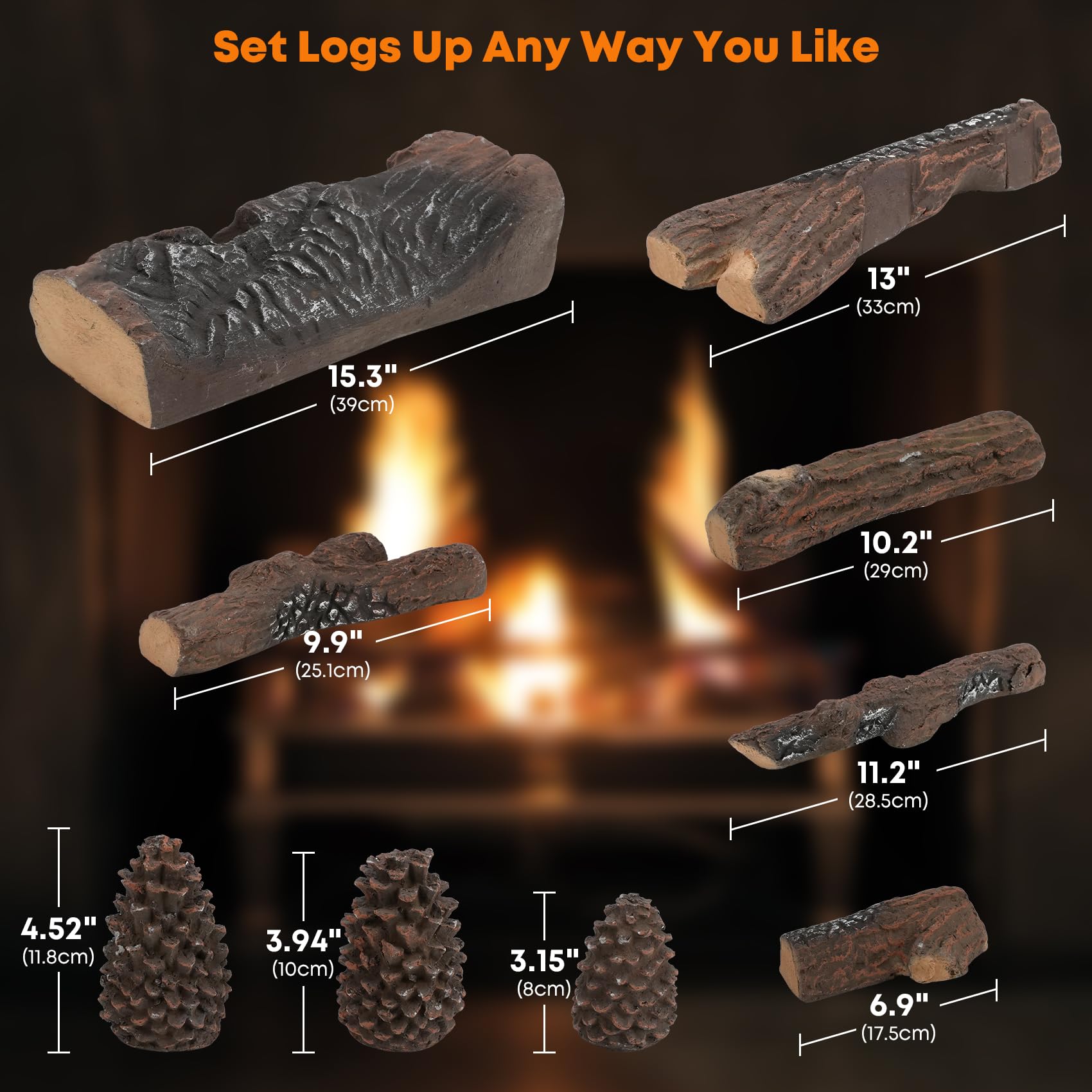 Ceramic Gas Fireplace Logs 9-Piece Set