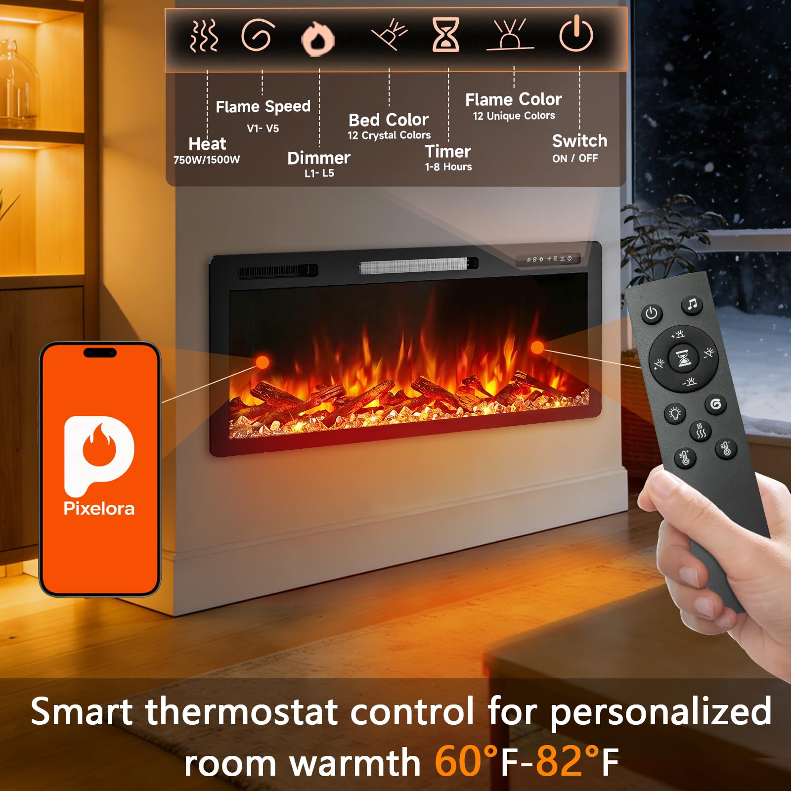 36" Electric Fireplace Insert with Remote Control
