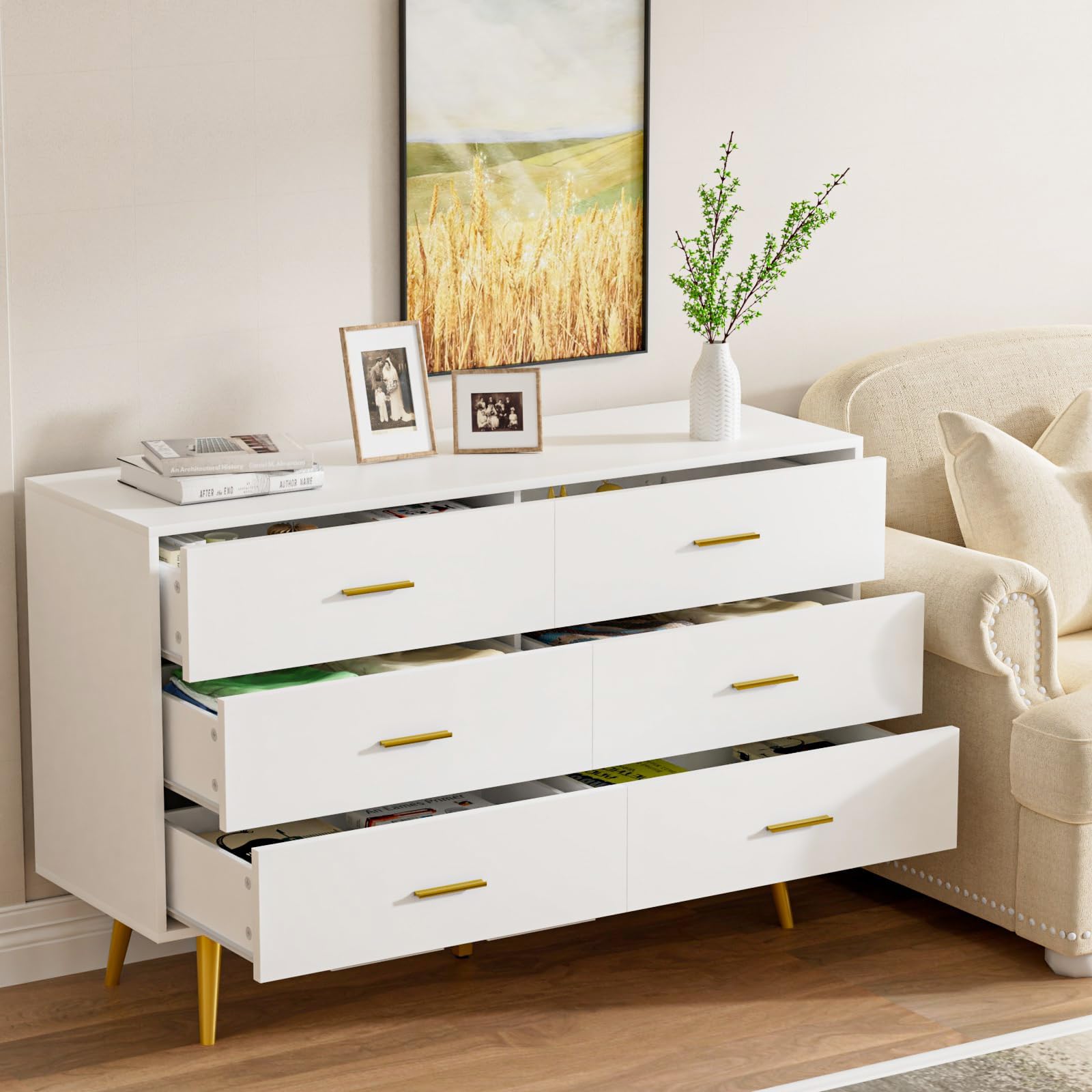 6 Drawer White Dresser with Gold Handles