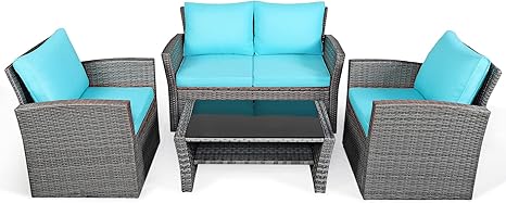 4-Piece Patio Rattan Furniture Set with Glass Coffee Table