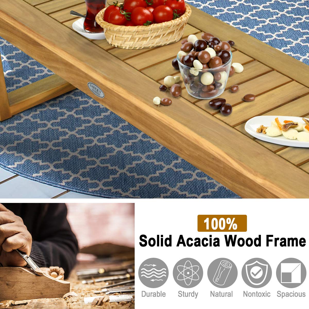 52" Acacia Wood Outdoor Bench with Slatted Seat