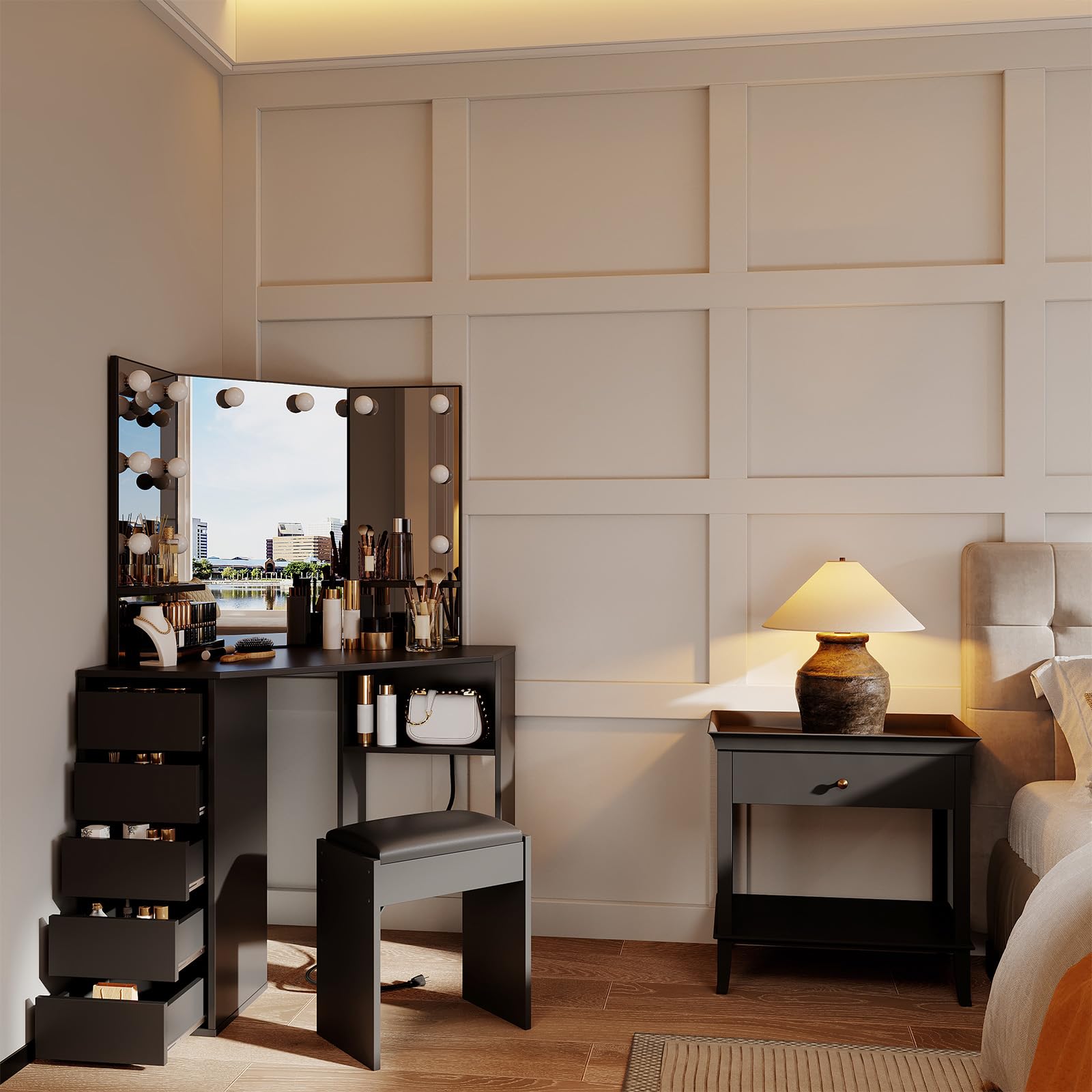 Corner Vanity Desk with Mirror and LED Lights