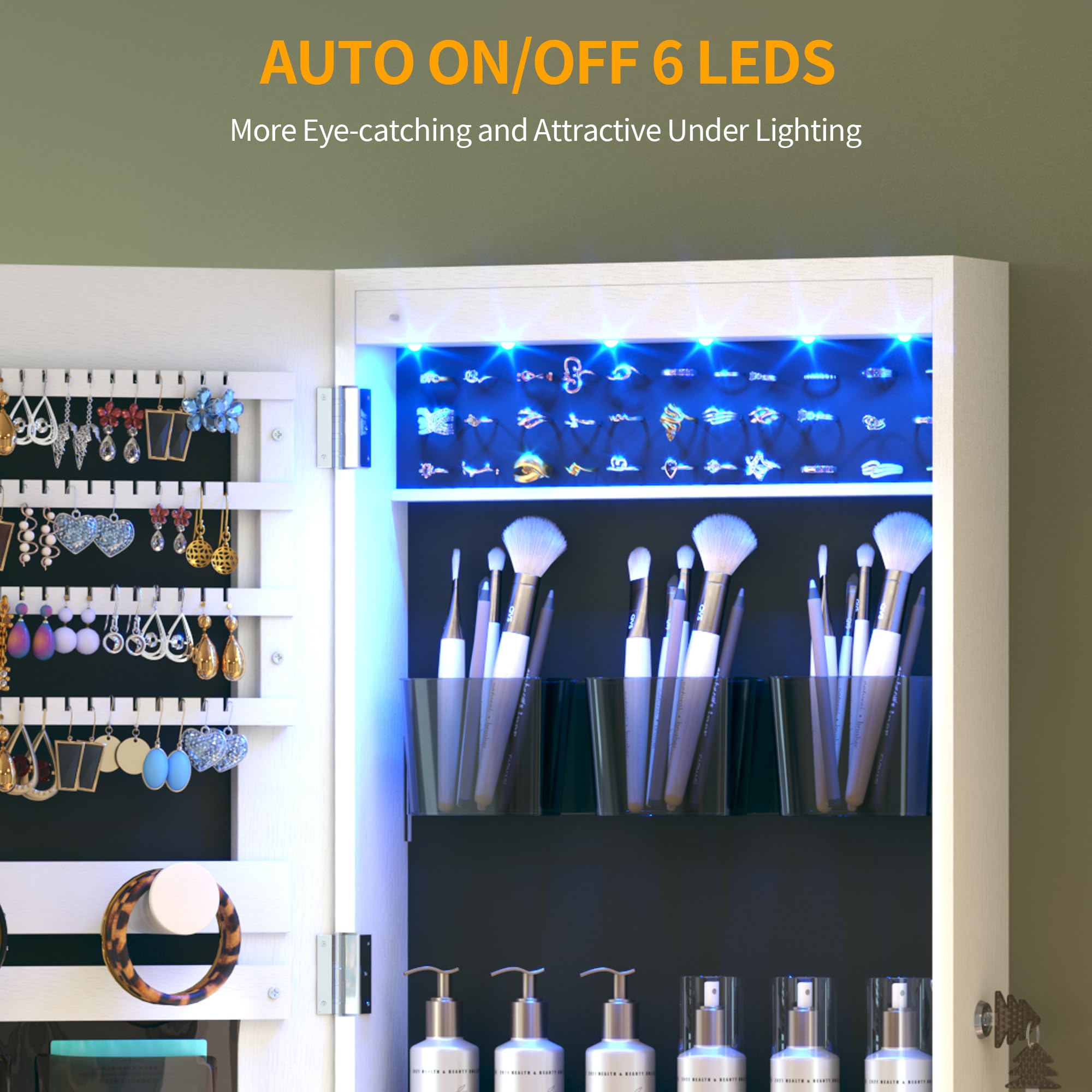 LED Mirror Jewelry Cabinet with Wall/Door Mount