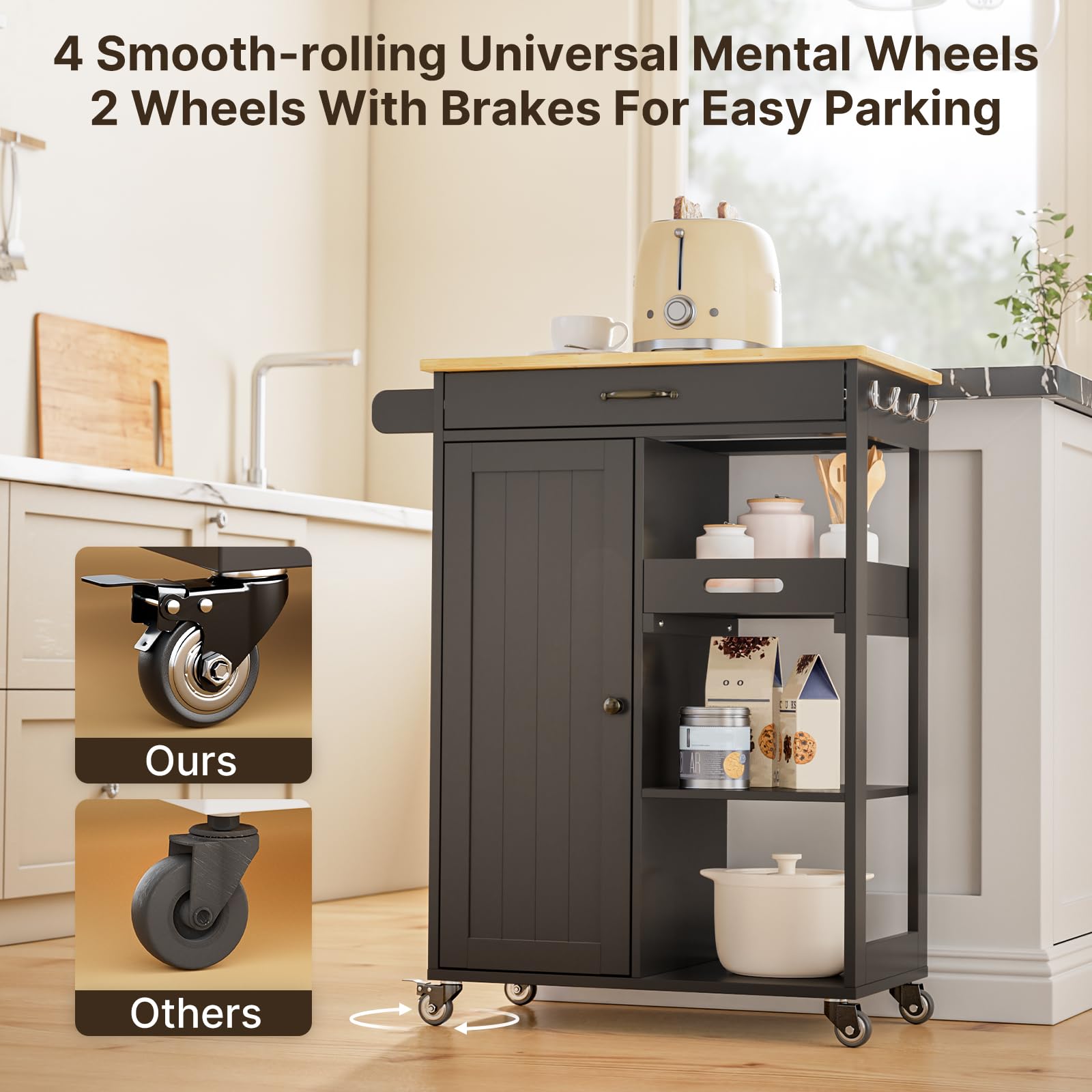 Kitchen Island Cart with Solid Wood Top
