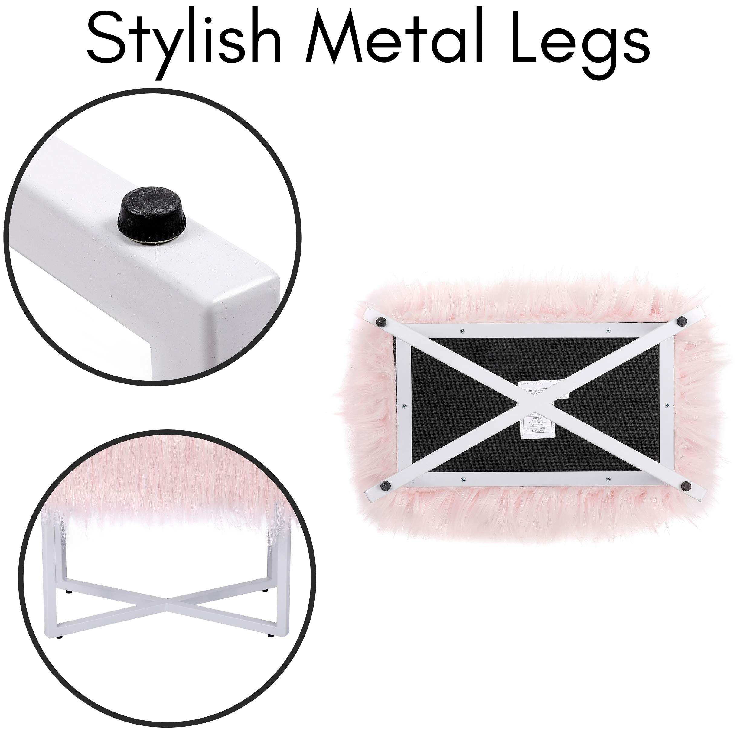 Rectangular Faux Fur Vanity Stool Ottoman Pink