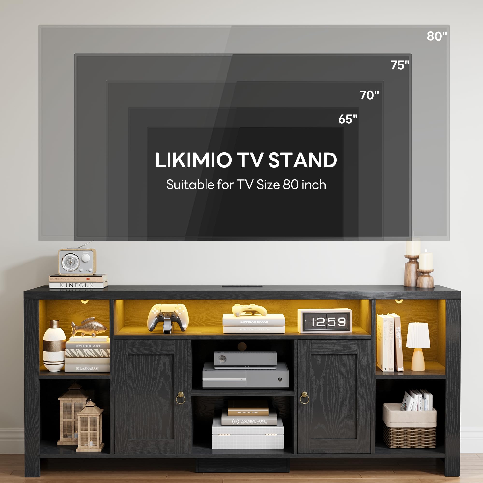 80 Inch TV Stand with LED Lights & Power Outlet