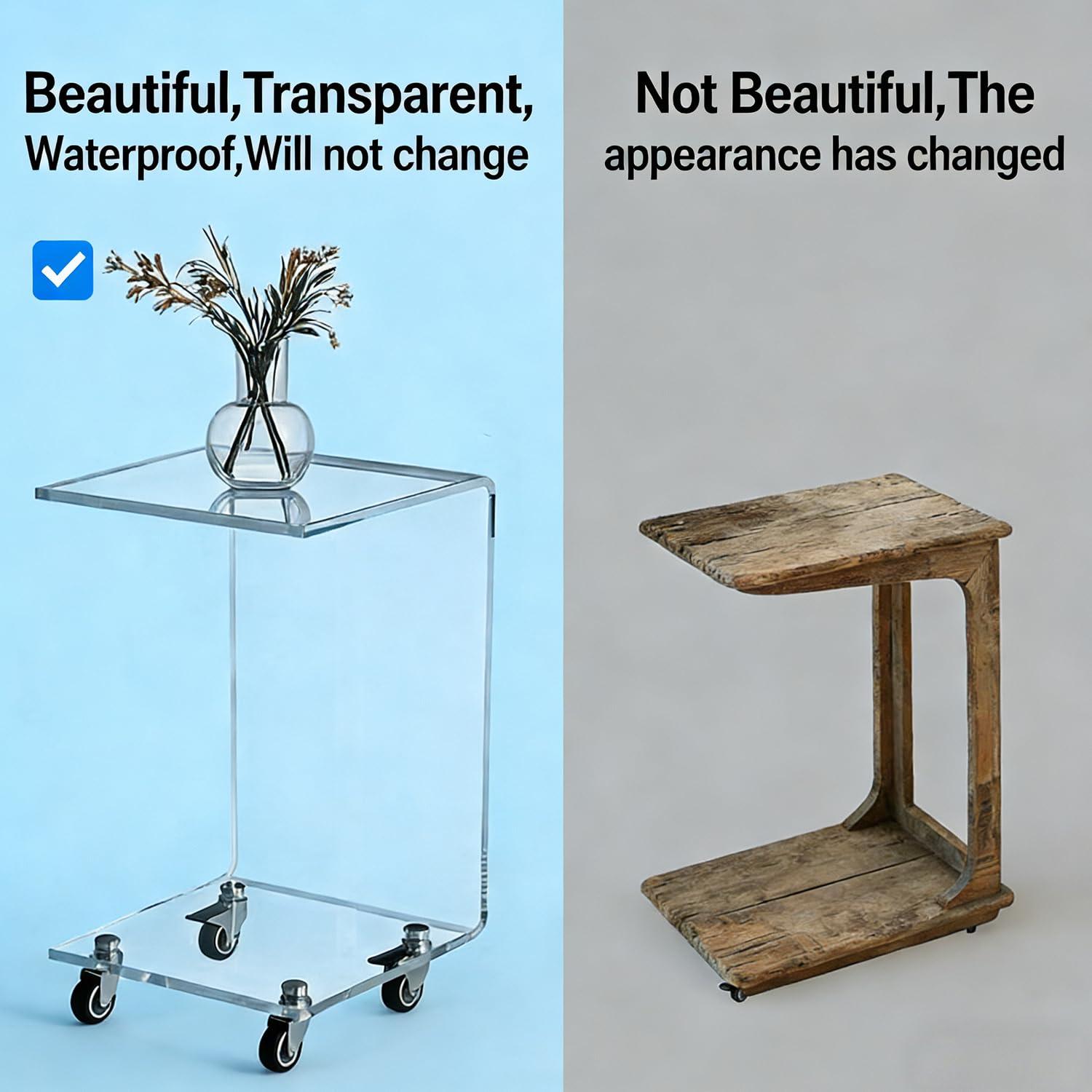 Acrylic Clear C-Shaped Rolling End Table 26"H