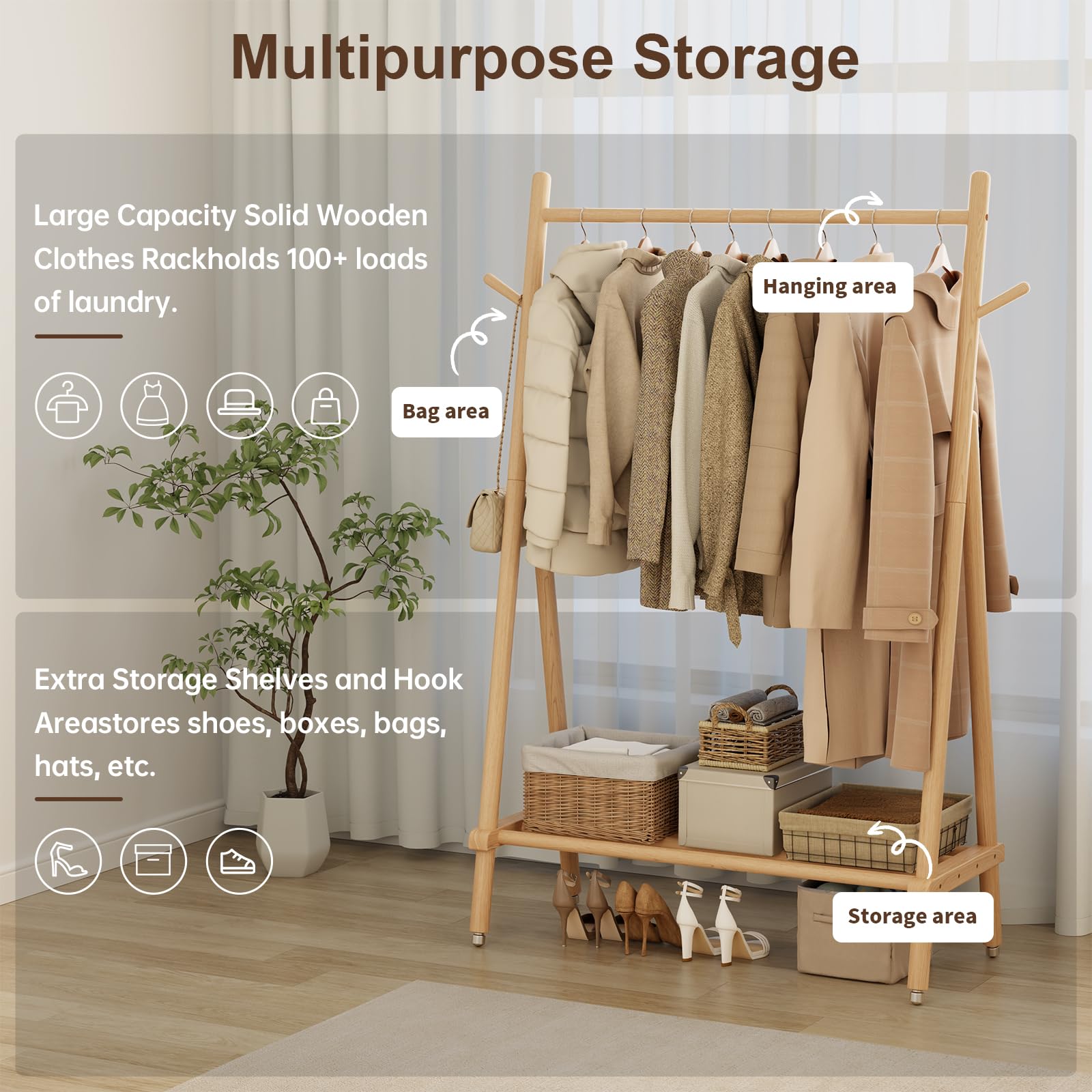 Solid Wood Rolling Clothing Rack with Shelves