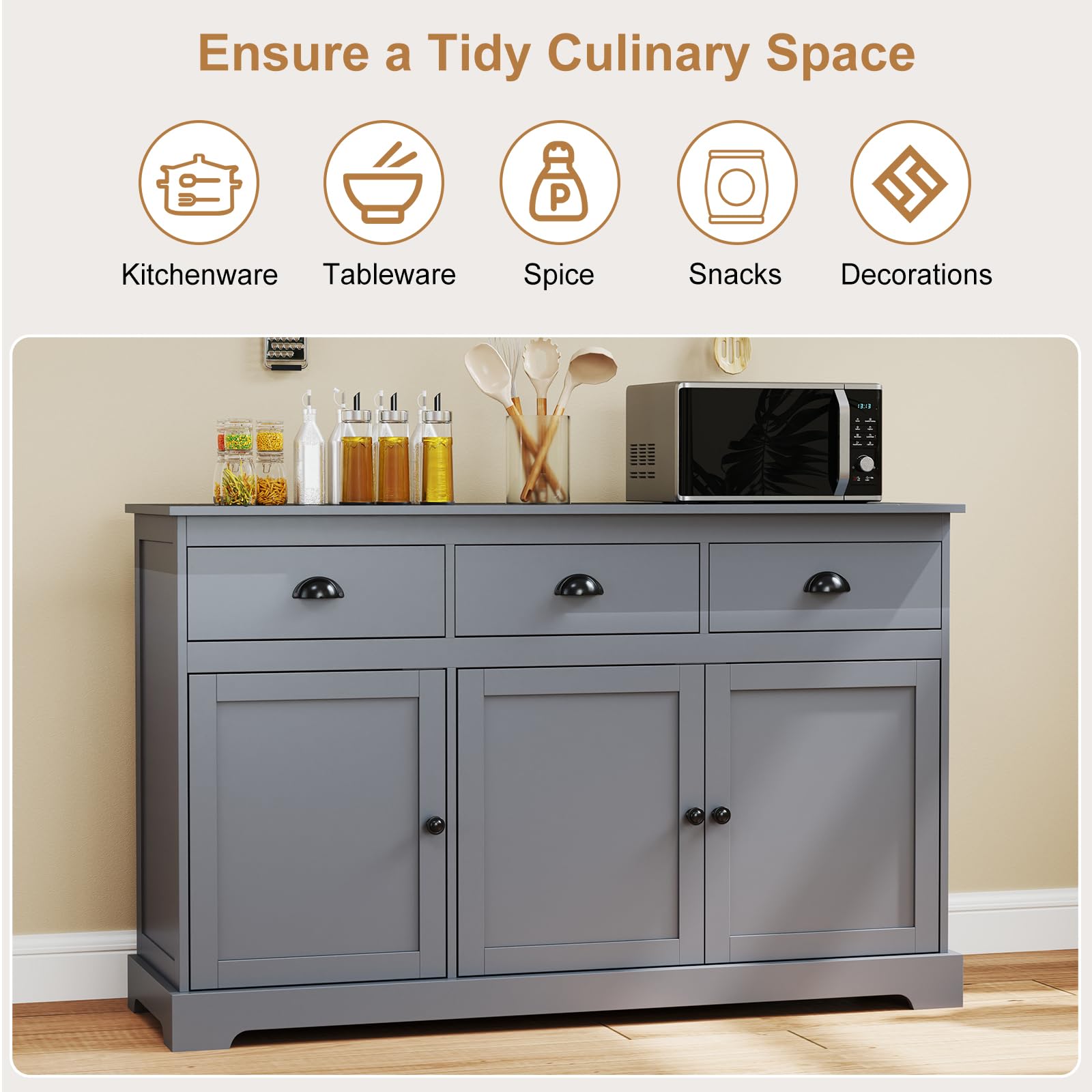 Grey Sideboard Buffet Cabinet with 3 Drawers and 2 Doors