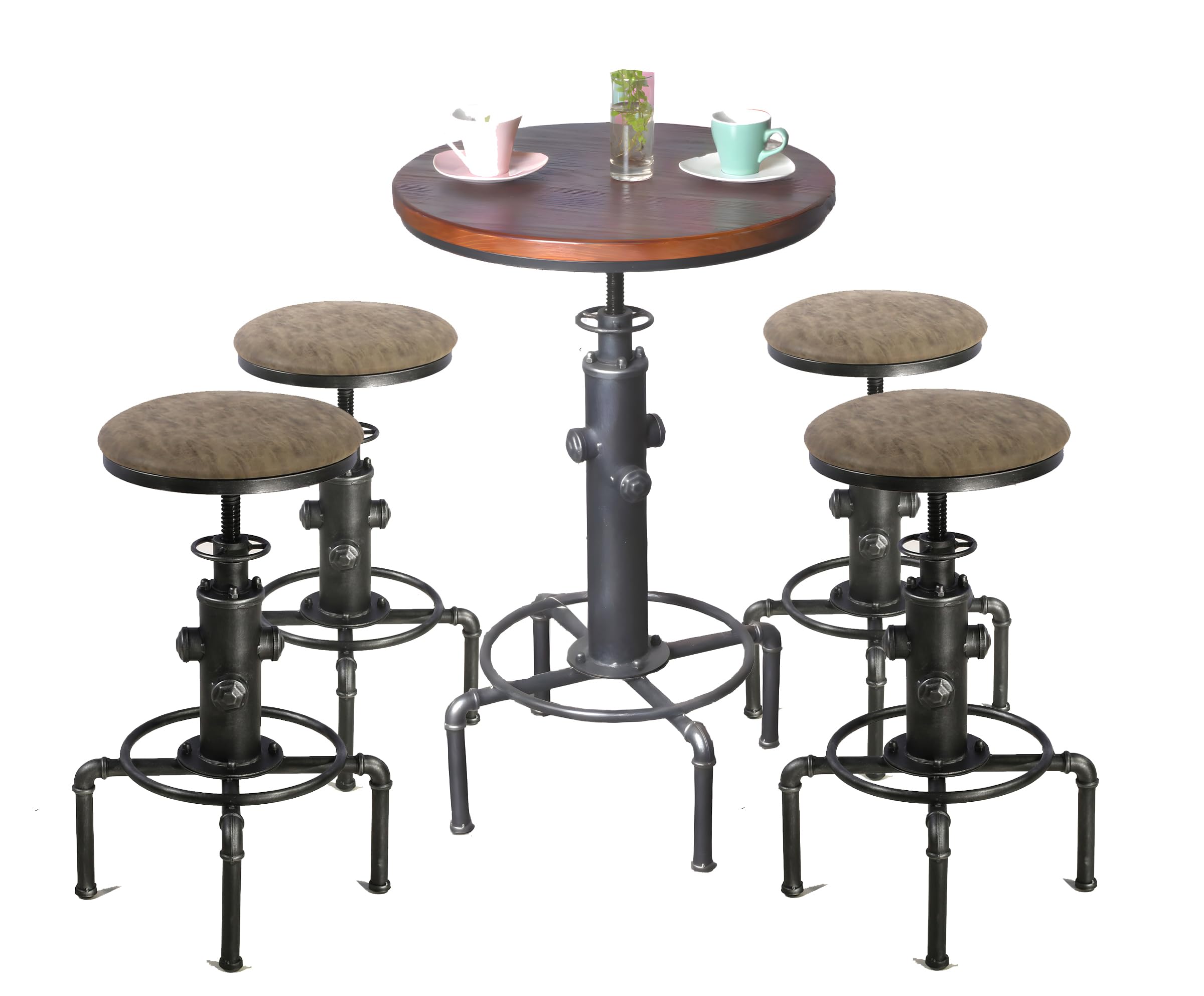5 Piece Industrial Pub Bar Set with Height Adjustable Table and Stools