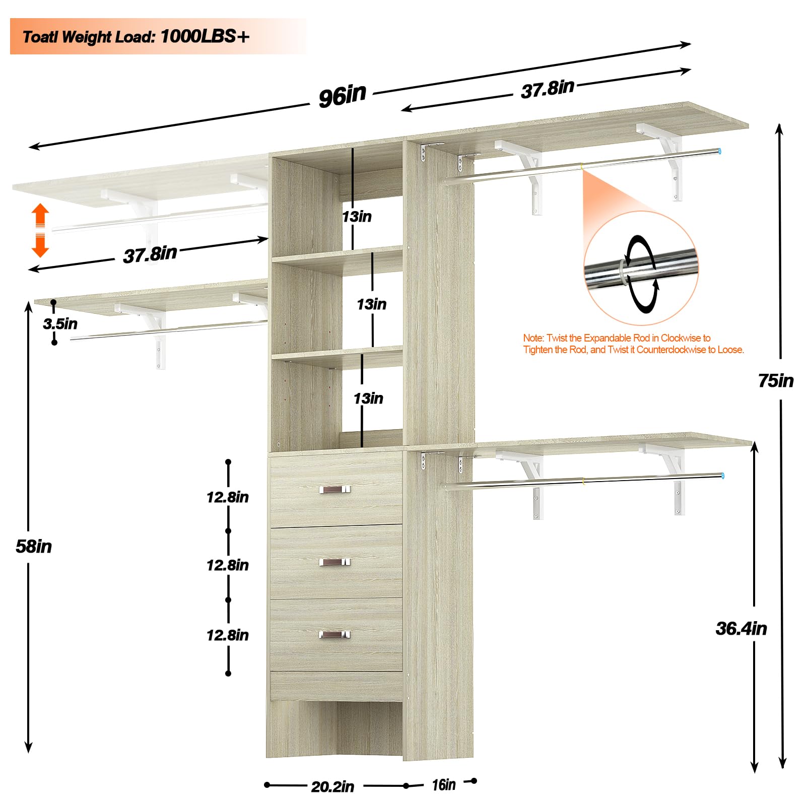 96 Inch Walk-In Closet Organizer System with 3 Shelving Towers and Drawers