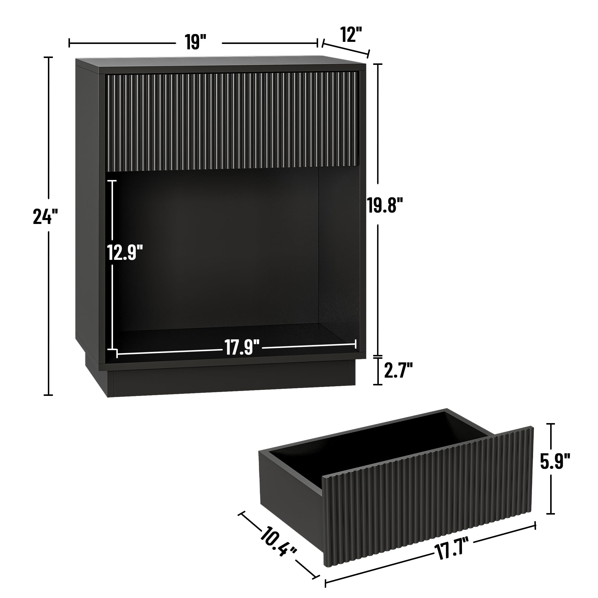 Fluted Nightstands Set of 2 with Drawer and Storage Shelf