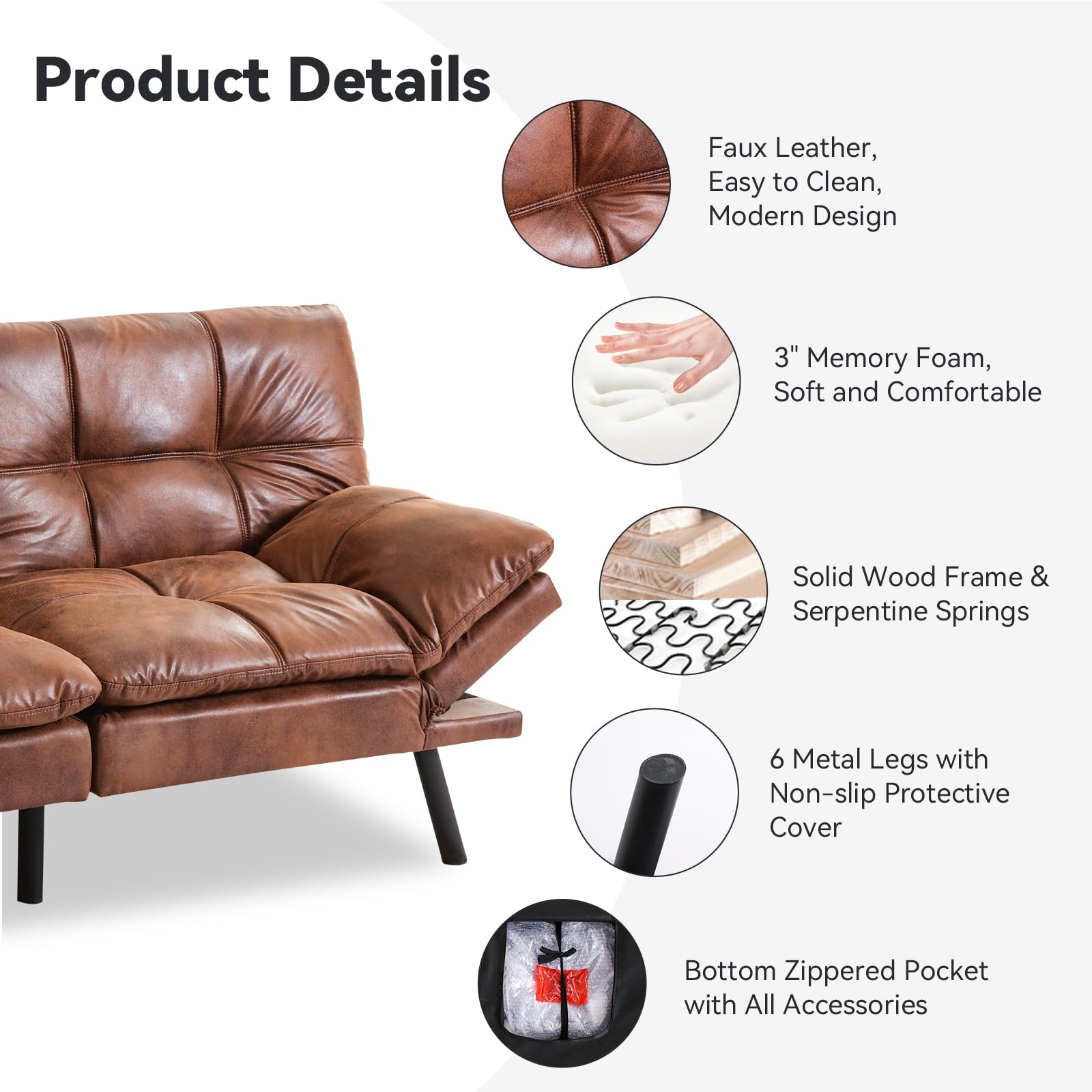 71" Convertible Futon Sofa Bed with Memory Foam