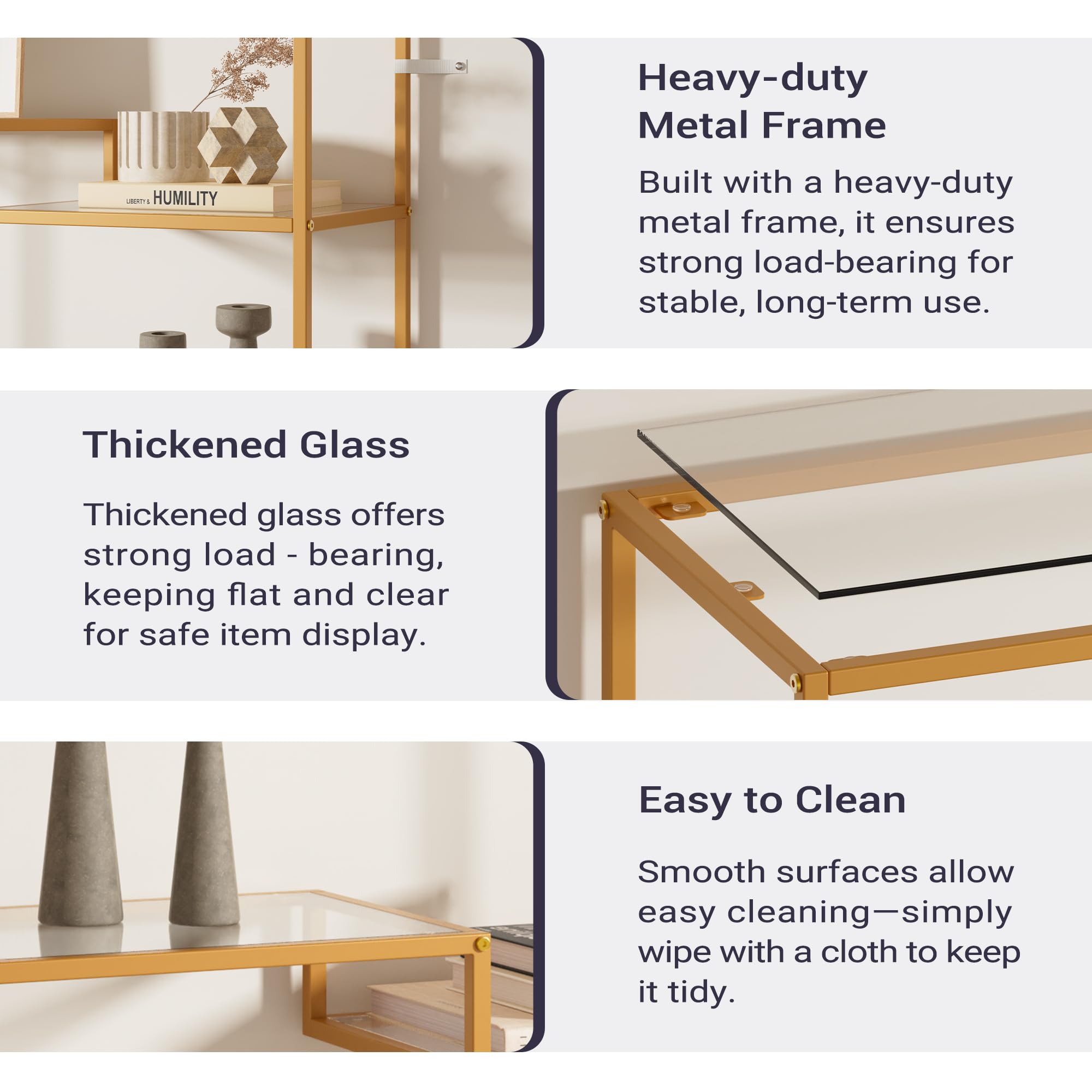 5-Tier Tempered Glass Bookshelf Golden Modern Display Shelf