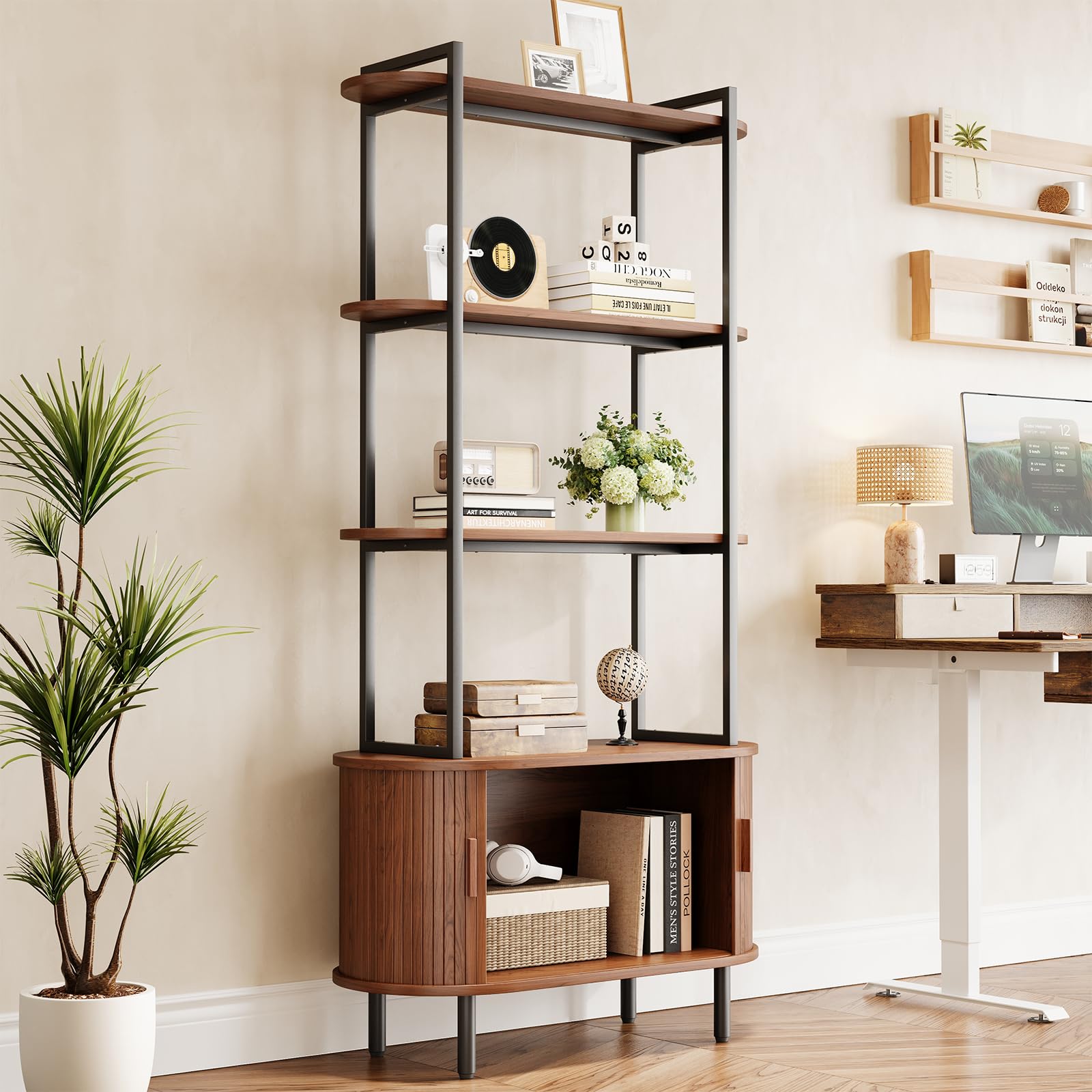 71" Tall Fluted Bookshelf with Sliding Tambour Doors