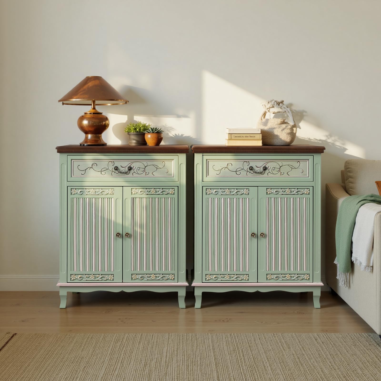 Vintage Green Accent Cabinet with Textured Doors