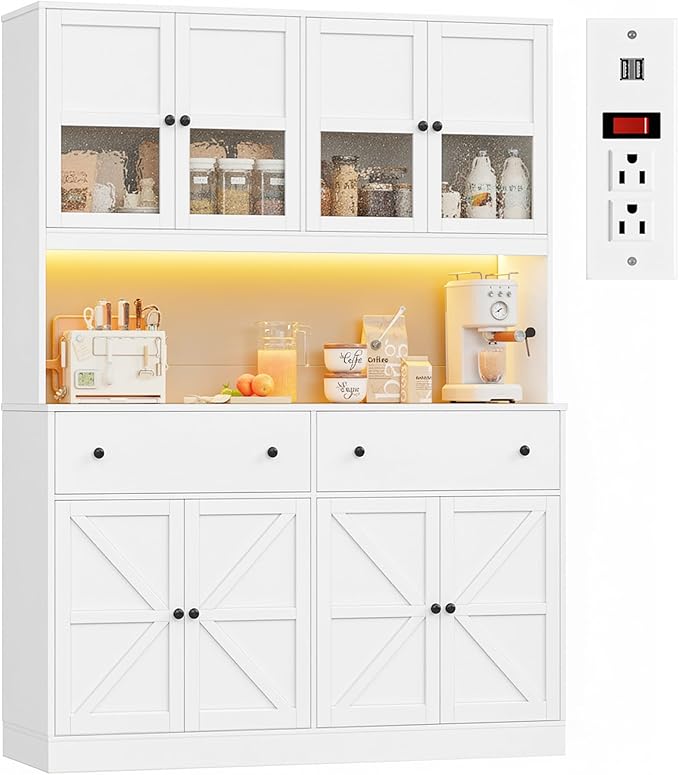 71" Pantry Cabinet with LED Light and Charging Station