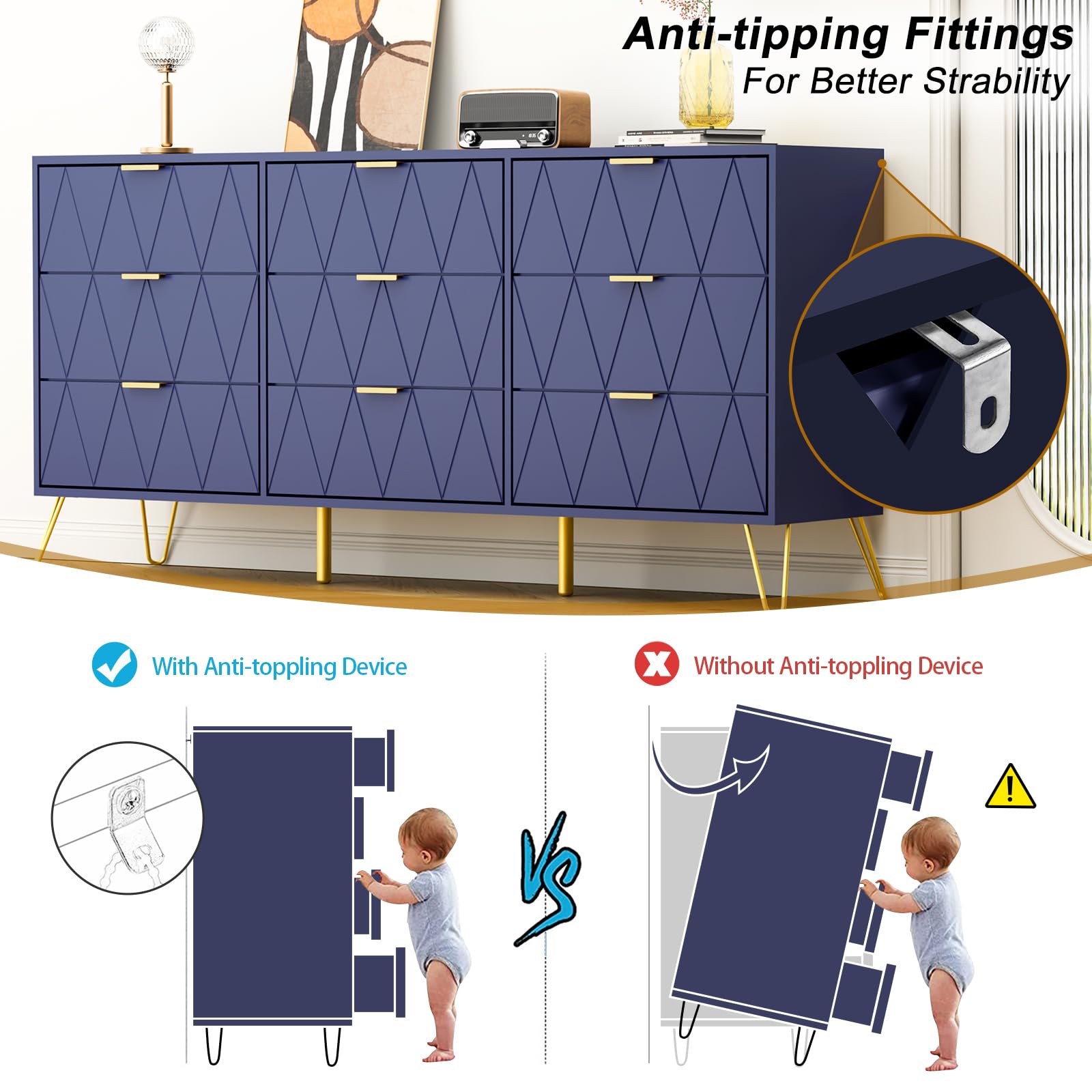 9 Drawer Dresser with Gold Handles